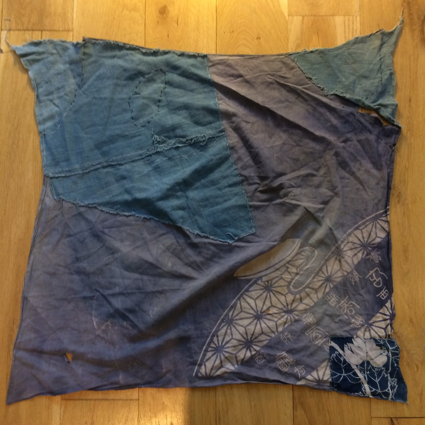 Japaese boro furoshiki with katazome family crest.