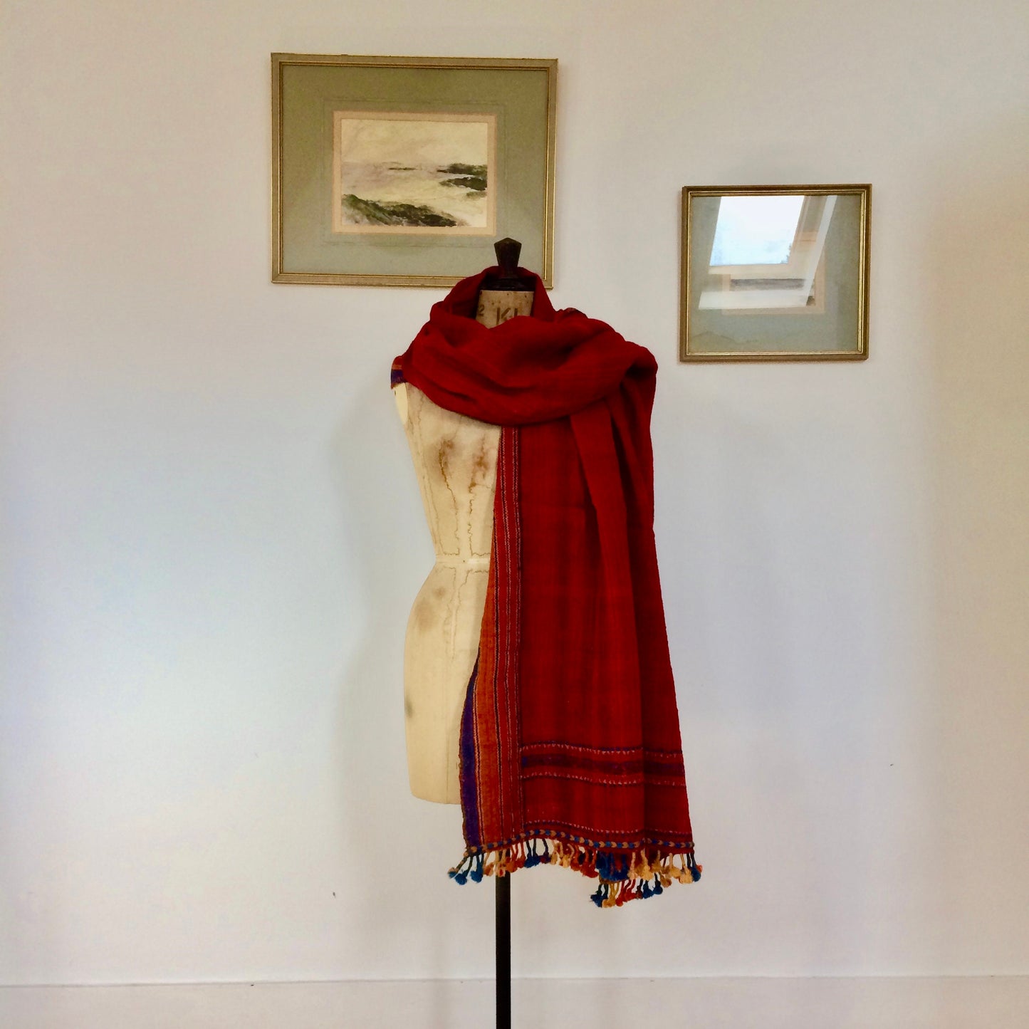 Handloom Desi Wool (Indian Wool) Tribal Kutch Shawls, Throws Or Table Cloth - Red