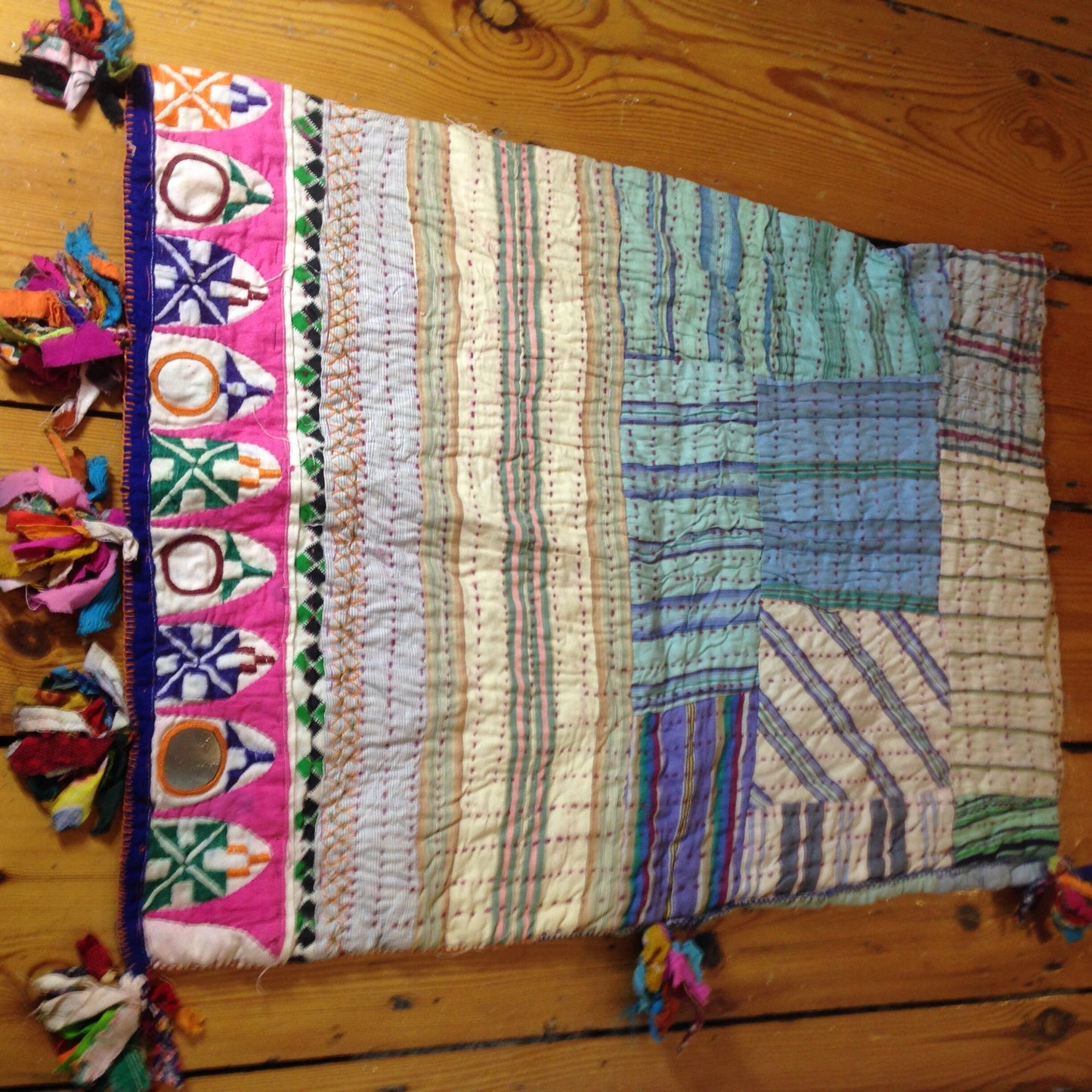 Antique Kutchi Dowry Bag/Cushion Cover With Applique. Mirror Work, Kantha and Hand Embroidery