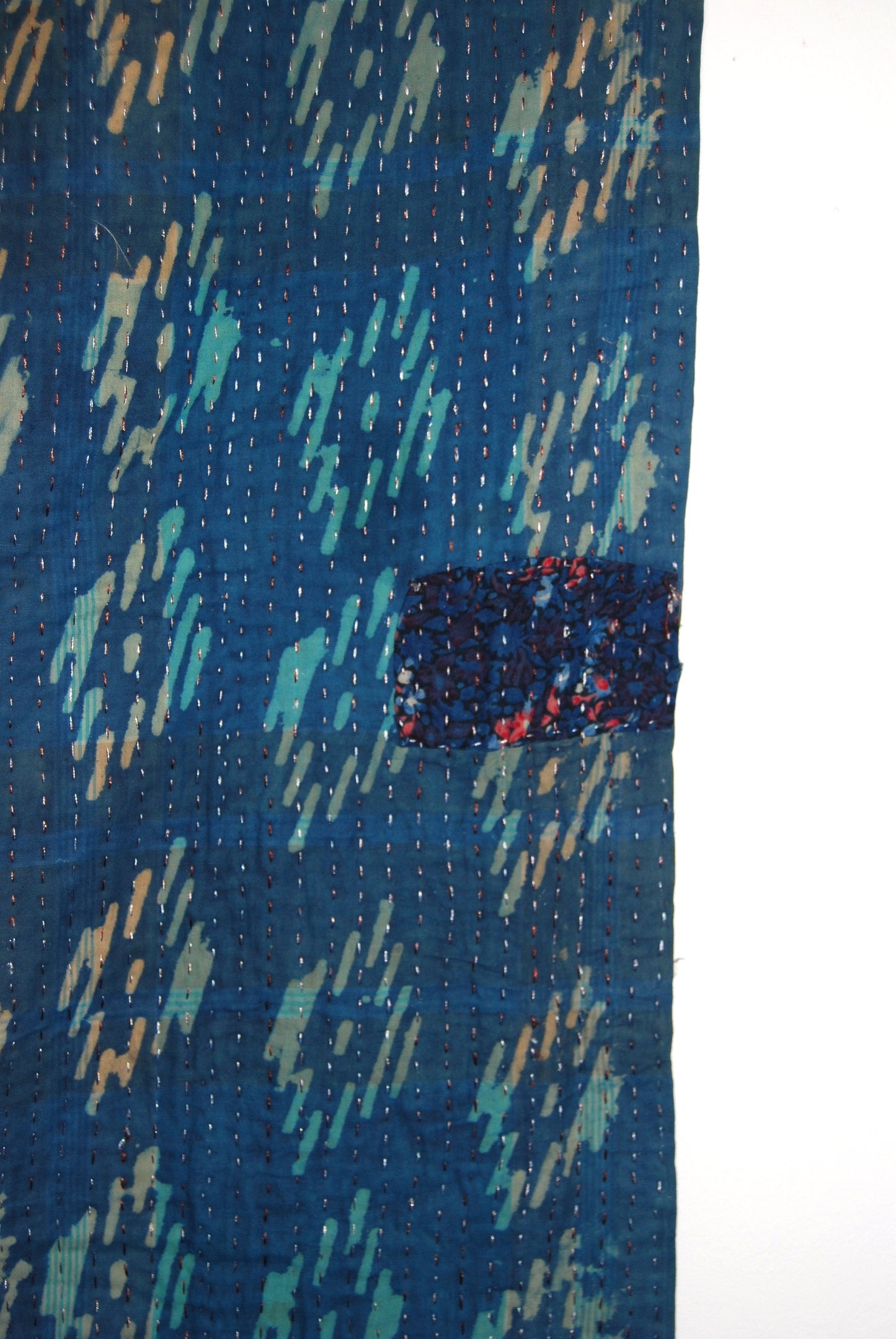 Vintage Block Print Kantha Blanket Throw Overdyed In Natural Indigo Dye
