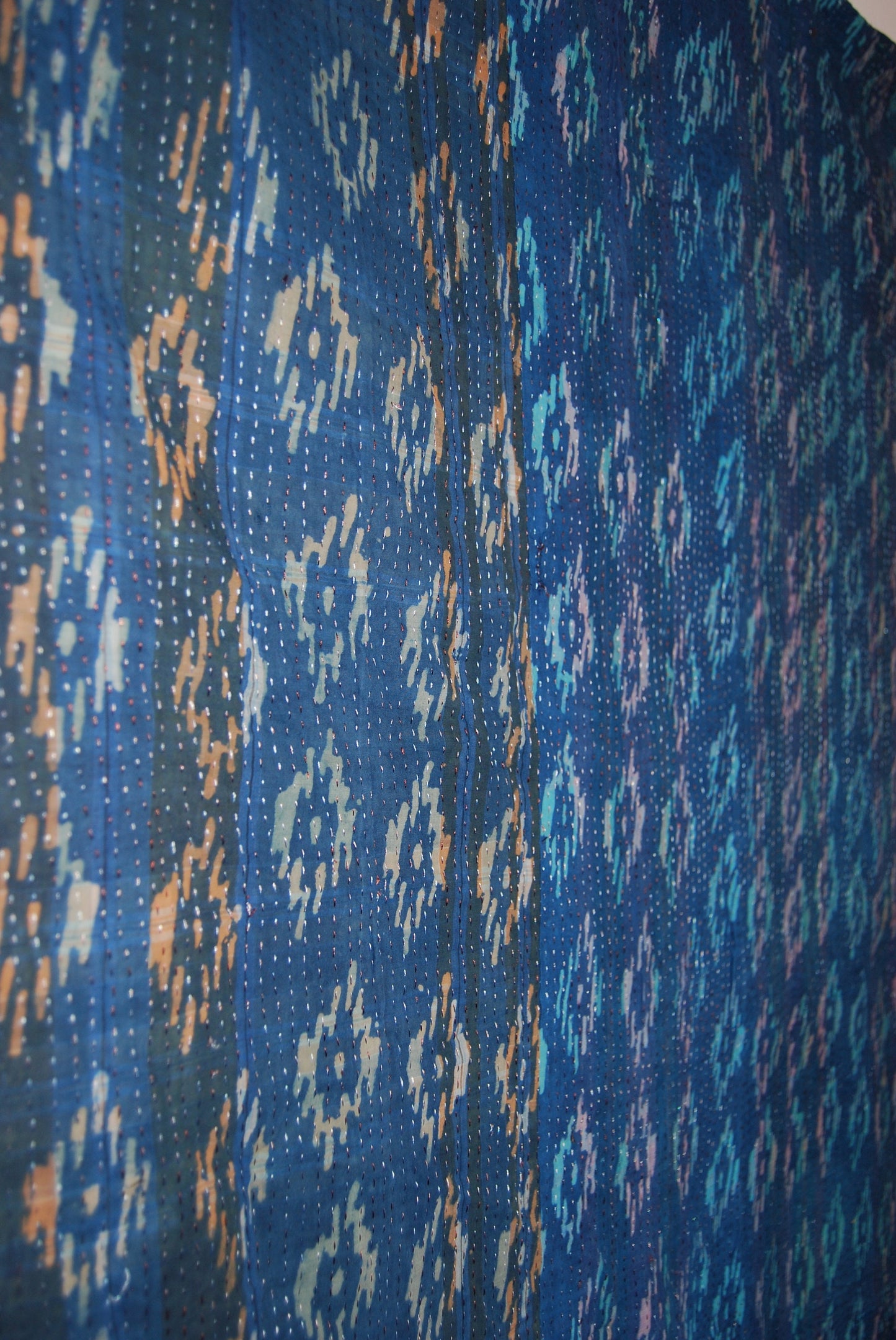 Vintage Block Print Kantha Blanket Throw Overdyed In Natural Indigo Dye