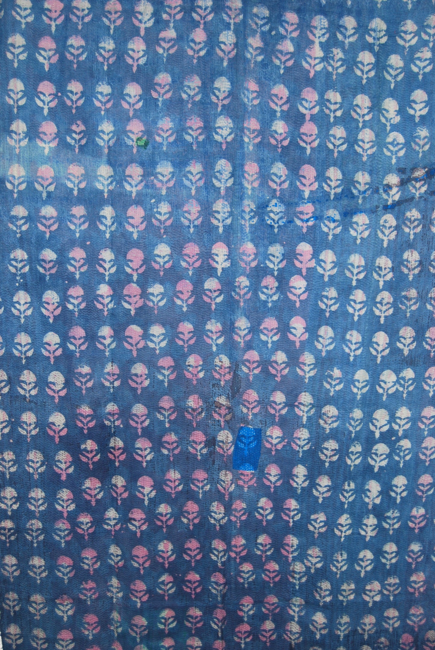 Indian Indigo Hand Block Printed Kantha Quilt Made From Recycled Cotton Saris Hand-Stitched Together