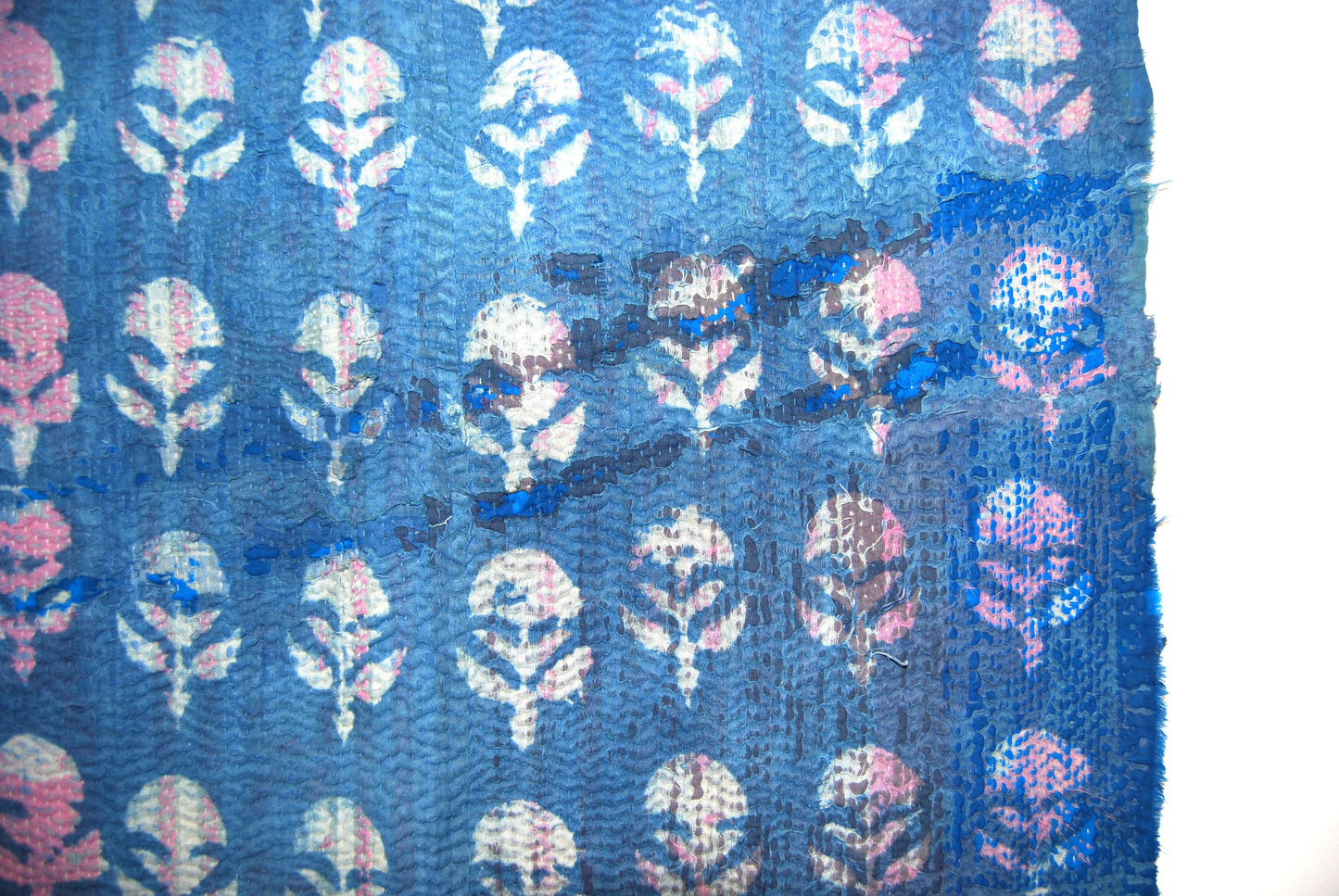 Indian Indigo Hand Block Printed Kantha Quilt Made From Recycled Cotton Saris Hand-Stitched Together