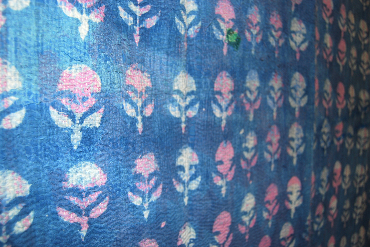 Indian Indigo Hand Block Printed Kantha Quilt Made From Recycled Cotton Saris Hand-Stitched Together