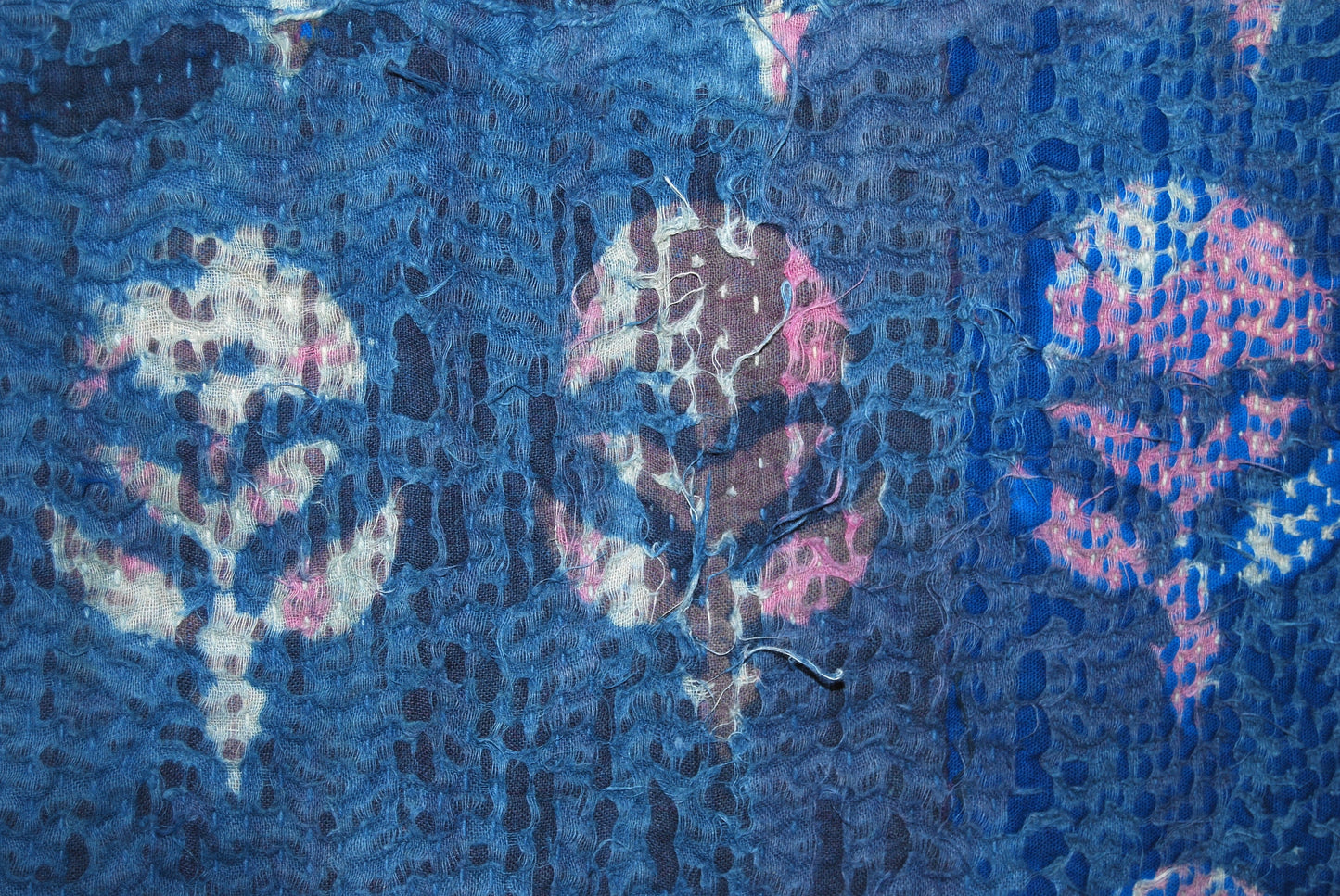 Indian Indigo Hand Block Printed Kantha Quilt Made From Recycled Cotton Saris Hand-Stitched Together