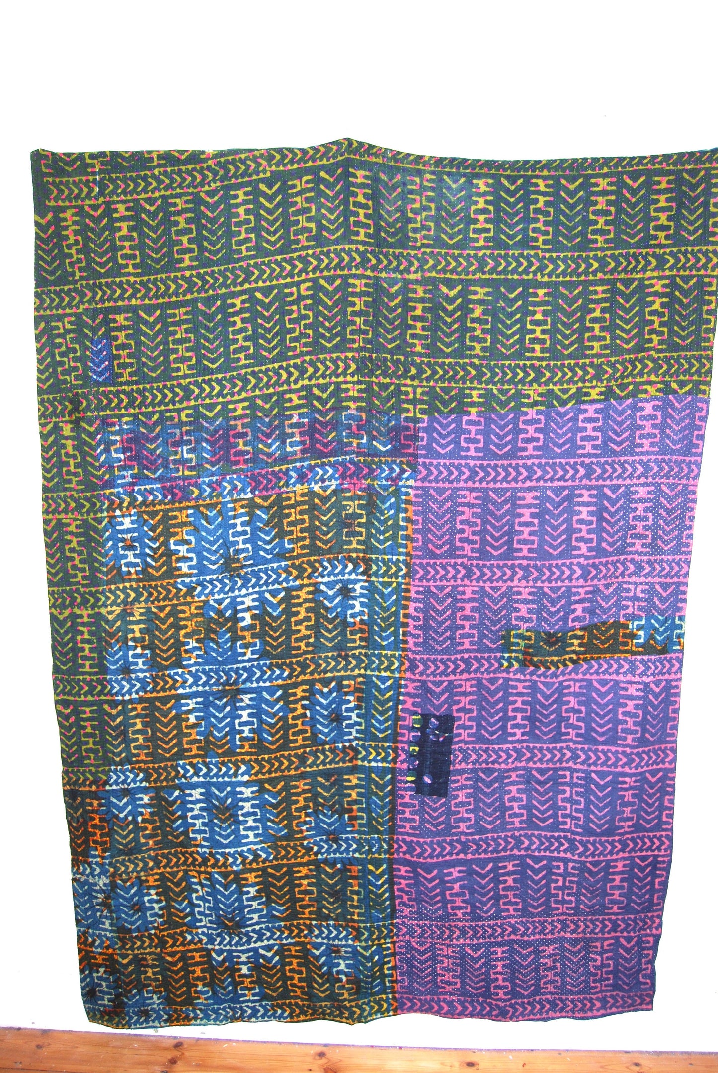 Vintage Block Print Kantha Blanket Throw Overdyed In Natural Indigo Dye