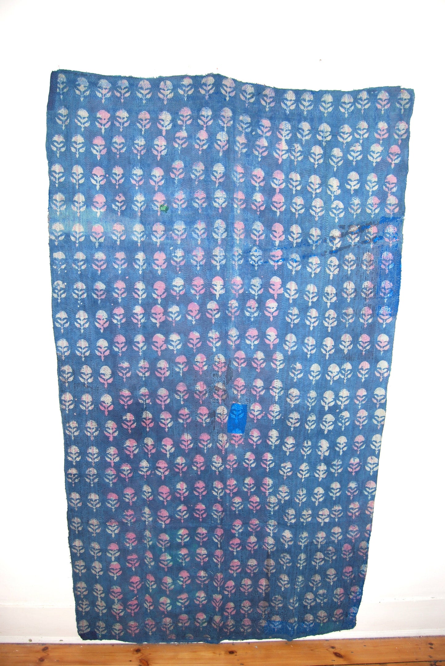 Indian Indigo Hand Block Printed Kantha Quilt Made From Recycled Cotton Saris Hand-Stitched Together