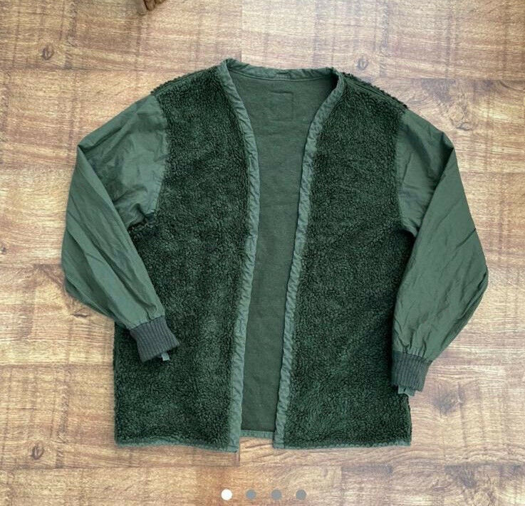 Vintage Army Issue Deep Pile Fleece Cardigan Kimono Liner With Contrast Sleeves. From the 1990’s