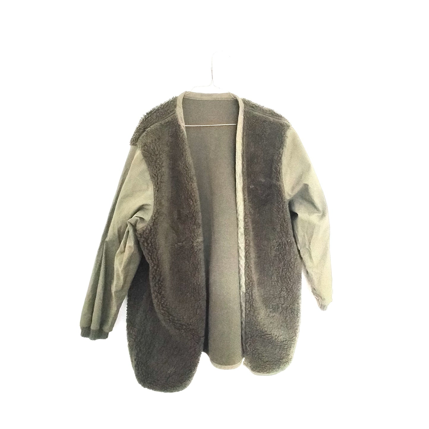 Vintage Army Issue Deep Pile Fleece Cardigan Kimono Liner With Contrast Sleeves. From the 1990’s