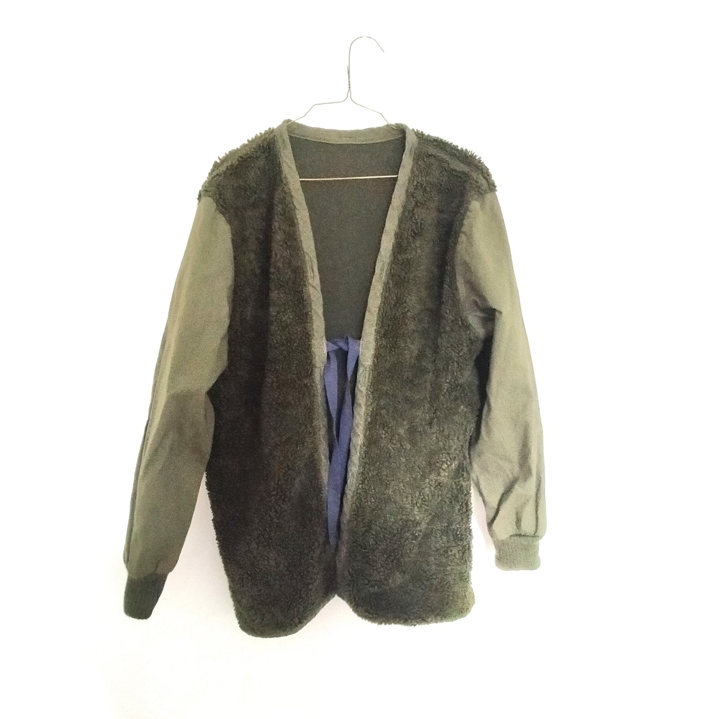 Vintage OD Fleece With Contrast Sleeves Army Kimono Cardigan Work Pile Liner Jacket