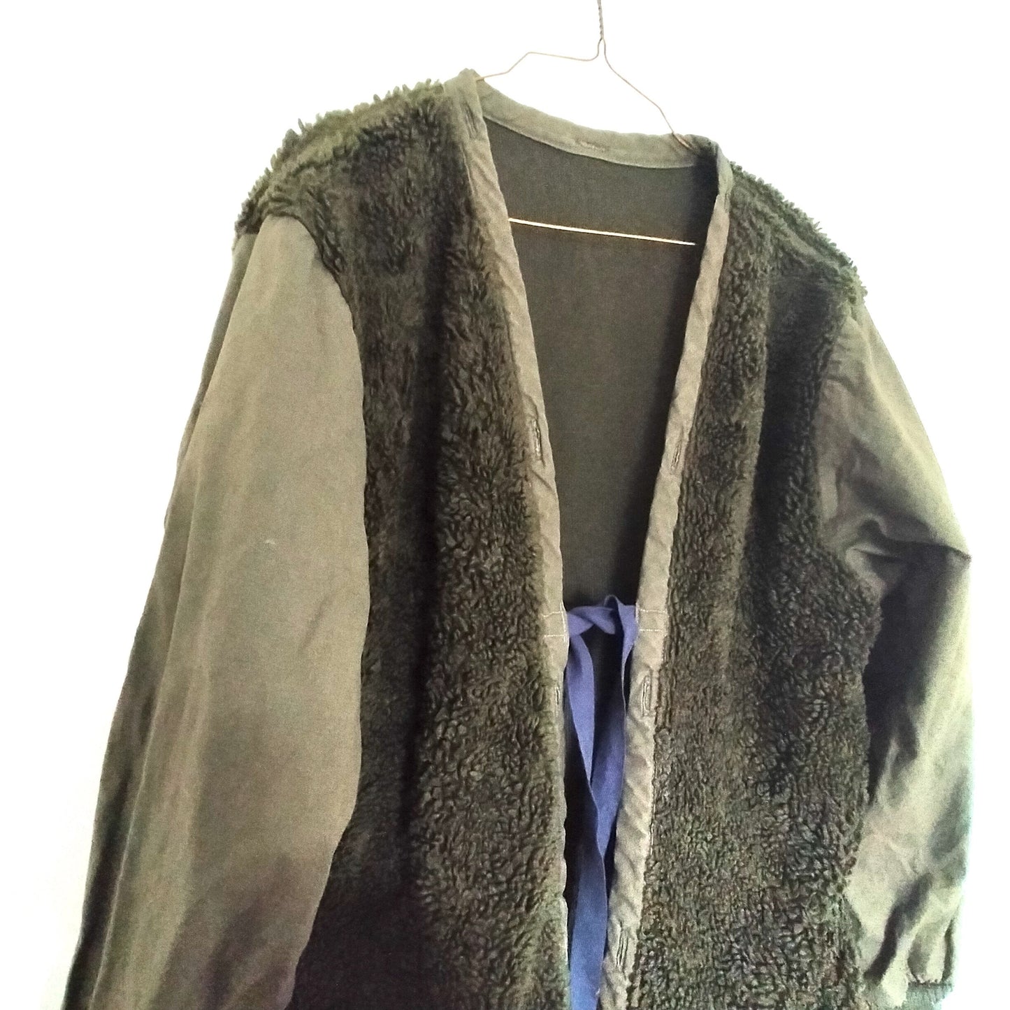 Vintage OD Fleece With Contrast Sleeves Army Kimono Cardigan Work Pile Liner Jacket