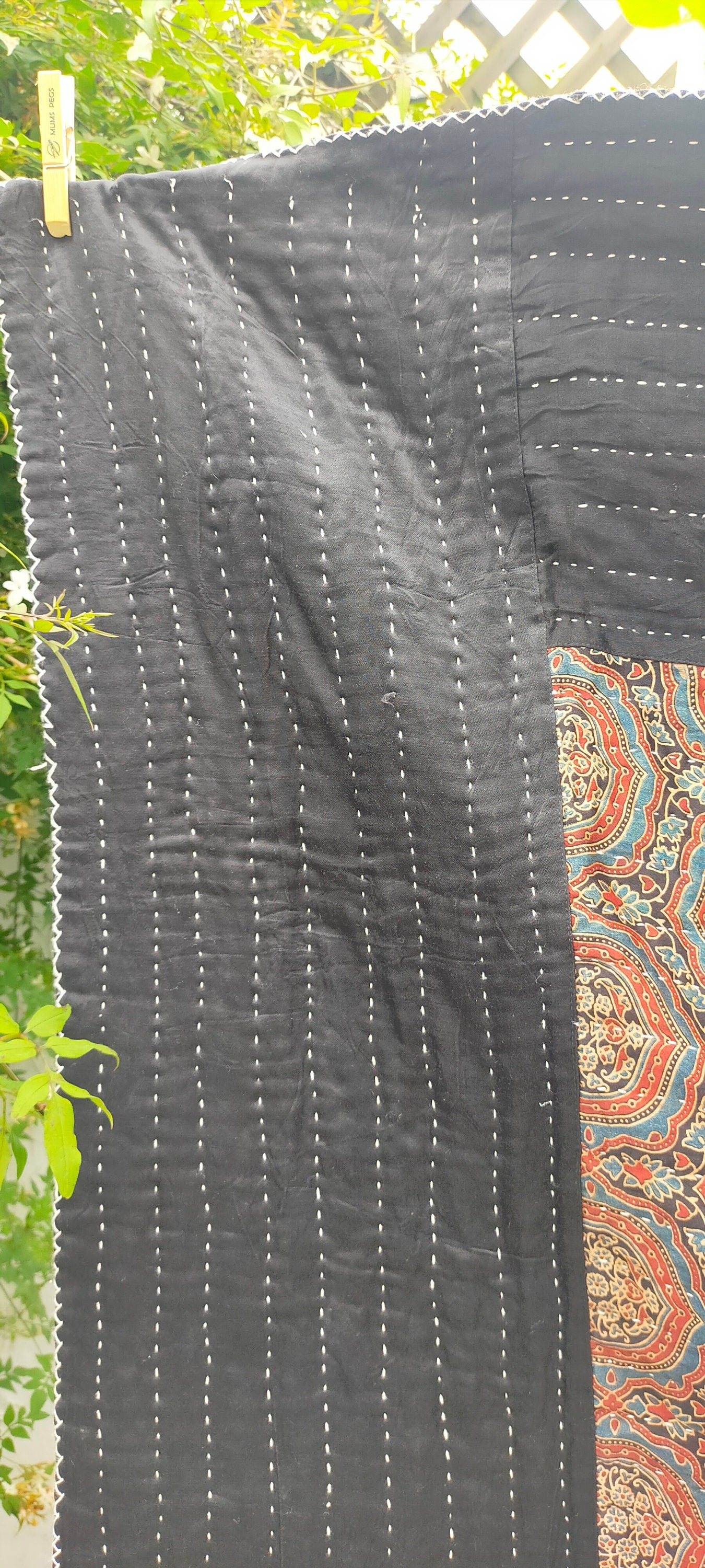 Silk And Cotton Ajrakh Block Printed Kantha Quilt Naturally Dyed