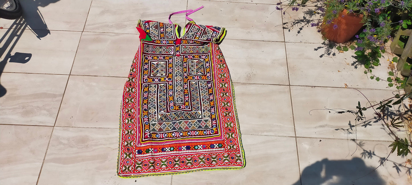 Beaded Mirror work Banjara Tunic Dress Made By The Meghwal Nomadic Tribe From Kutch, Gujarat - Hand-Stitched Embroidery