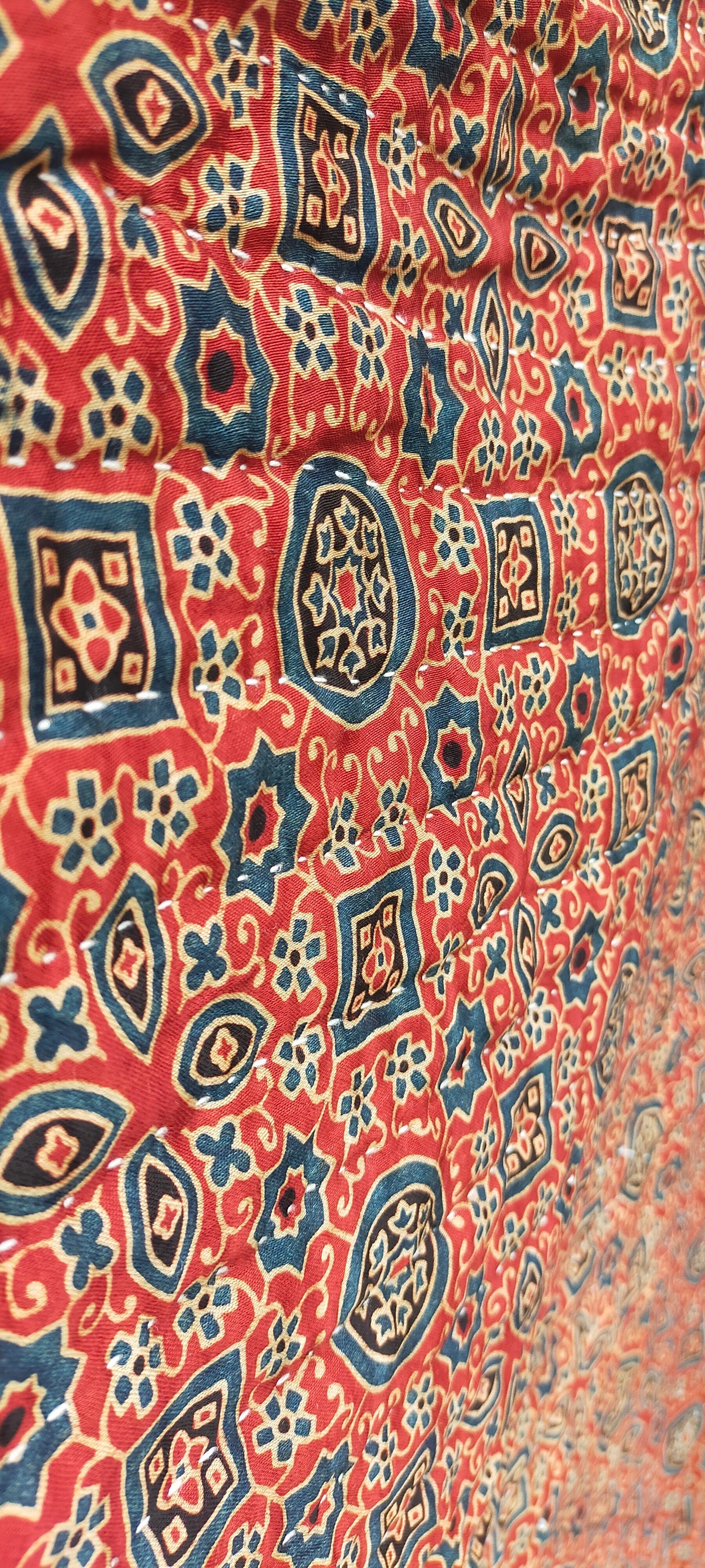 Silk And Cotton Ajrakh Block Printed Kantha Quilt Dyed in Natural Dyes