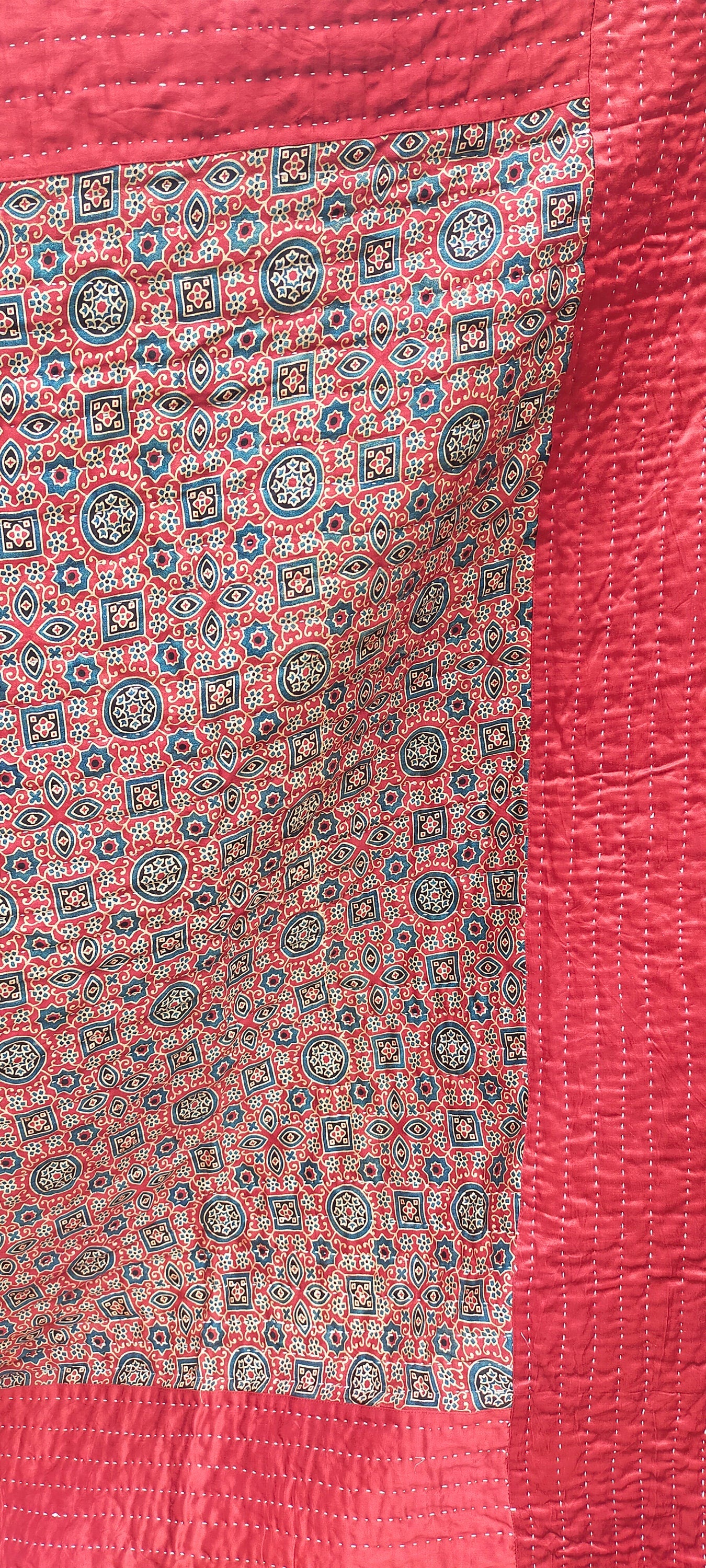 Silk And Cotton Ajrakh Block Printed Kantha Quilt Dyed in Natural Dyes