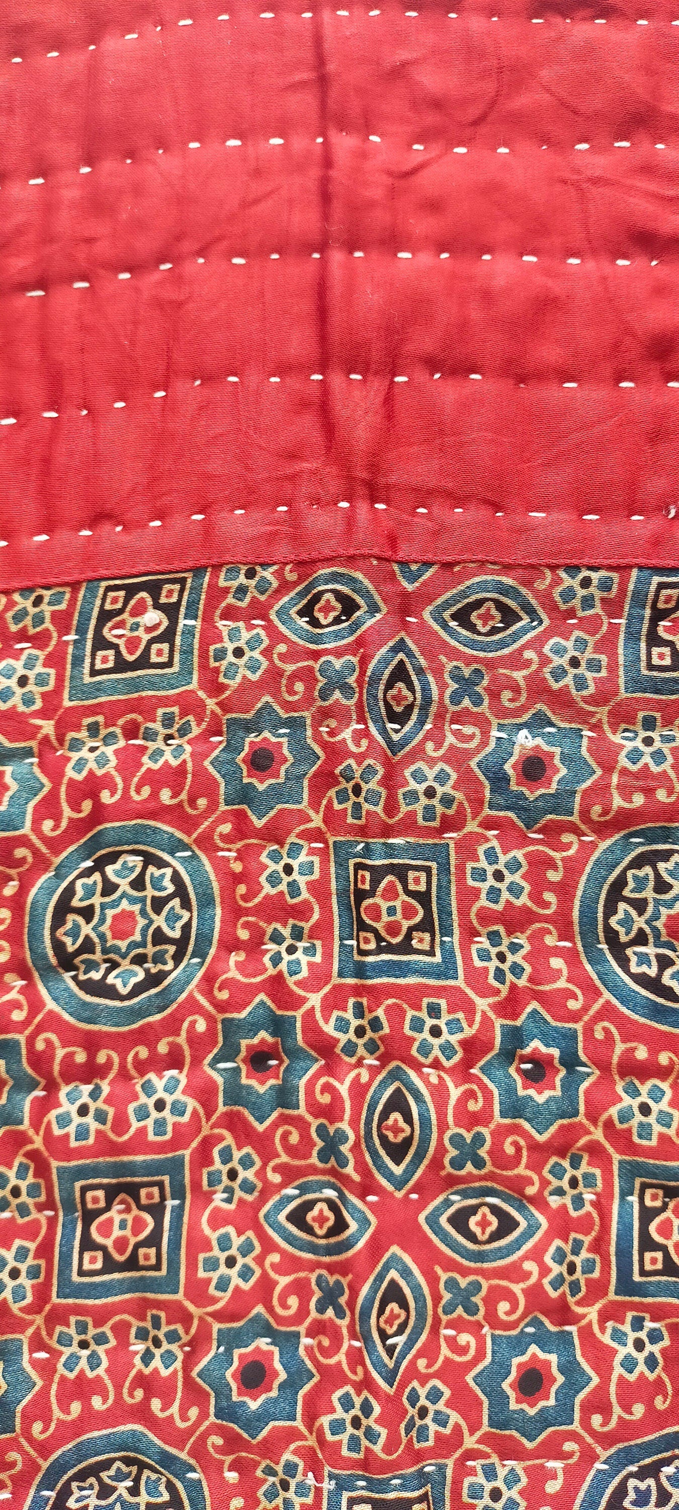 Silk And Cotton Ajrakh Block Printed Kantha Quilt Dyed in Natural Dyes