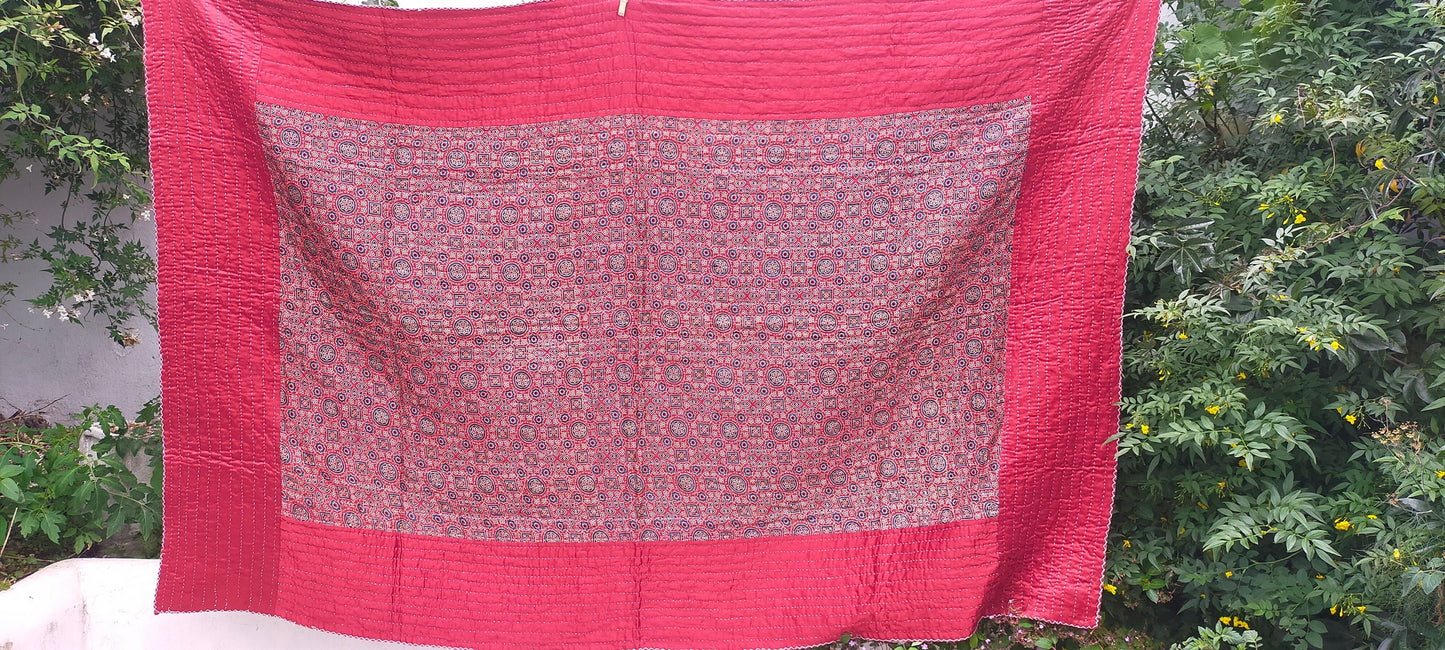 Silk And Cotton Ajrakh Block Printed Kantha Quilt Dyed in Natural Dyes