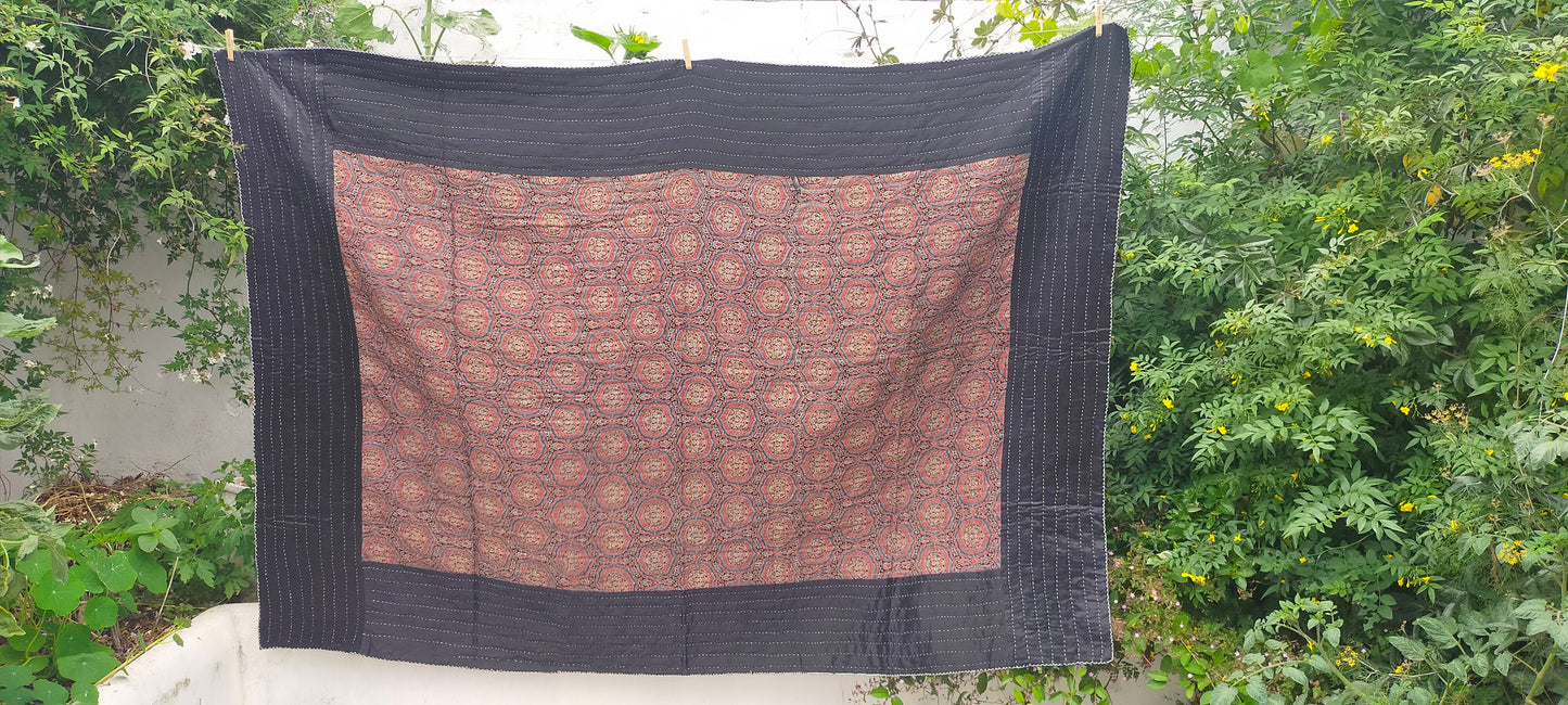 Silk And Cotton Ajrakh Block Printed Kantha Quilt Naturally Dyed