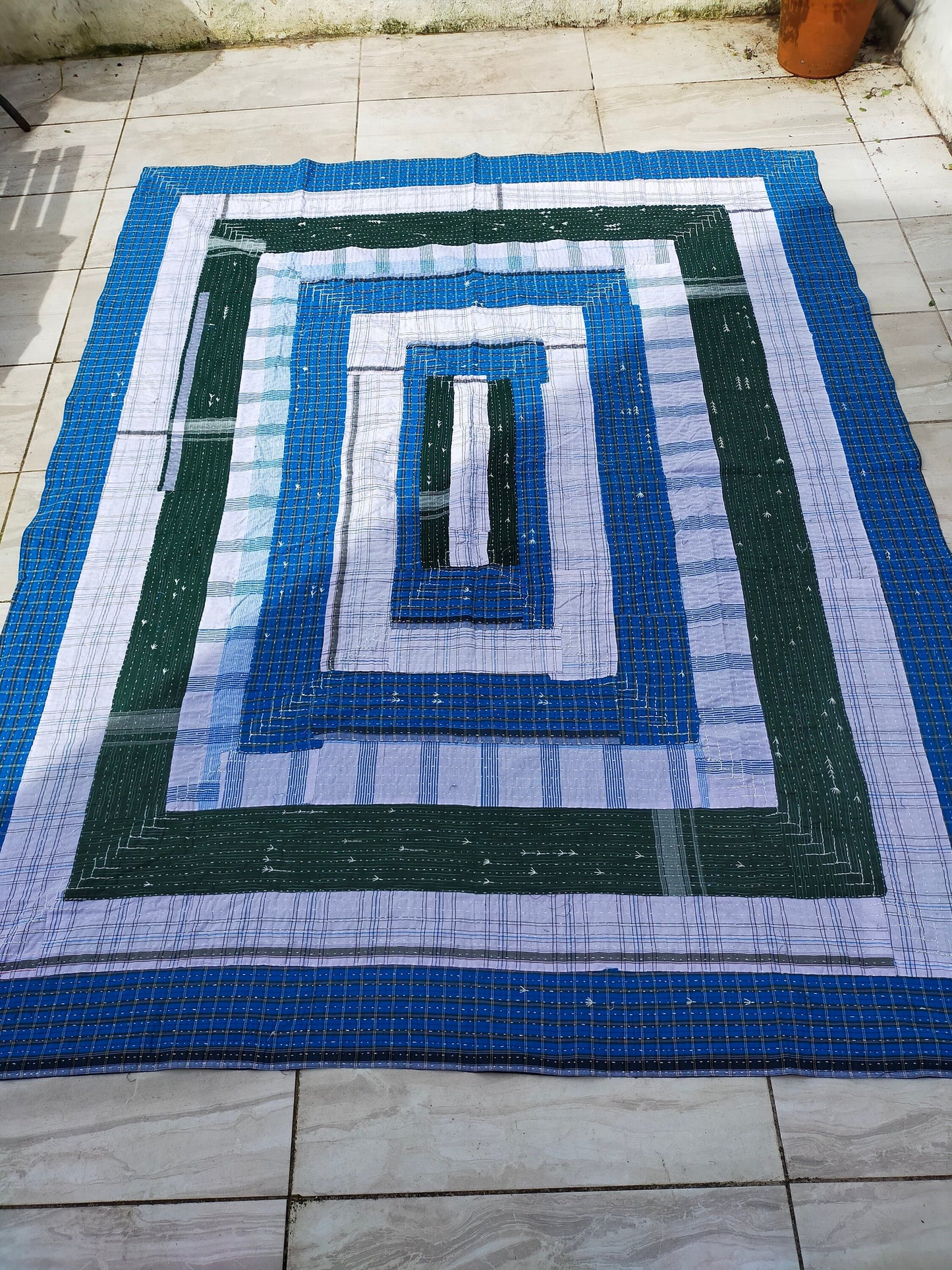 Indigo And Green Stripe and Checked Upcycled Cotton Kantha Quilt Ethically Made In India