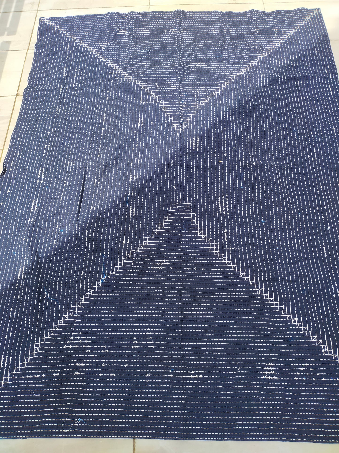 Indigo And Green Upcycled Cotton Kantha Quilt From India With Ikat Back - Hand Stitched In India