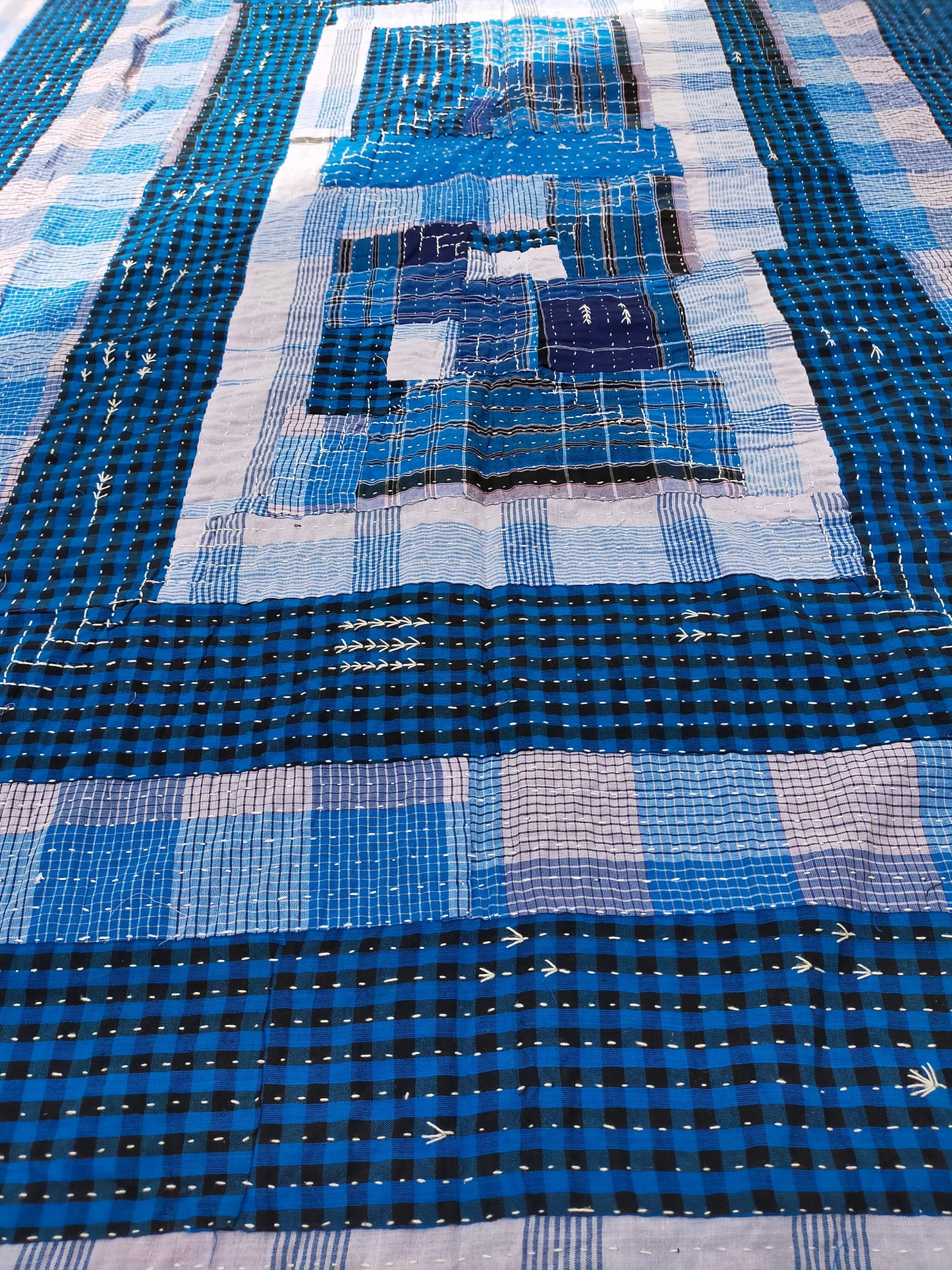 Indigo Stripe and Checked Recycled Cotton Kantha Quilt From India