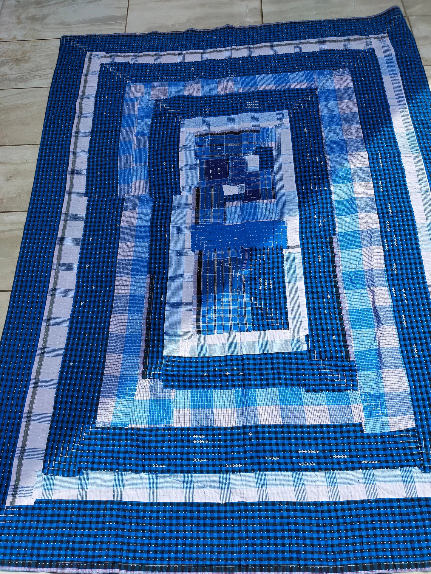 Indigo Stripe and Checked Recycled Cotton Kantha Quilt From India