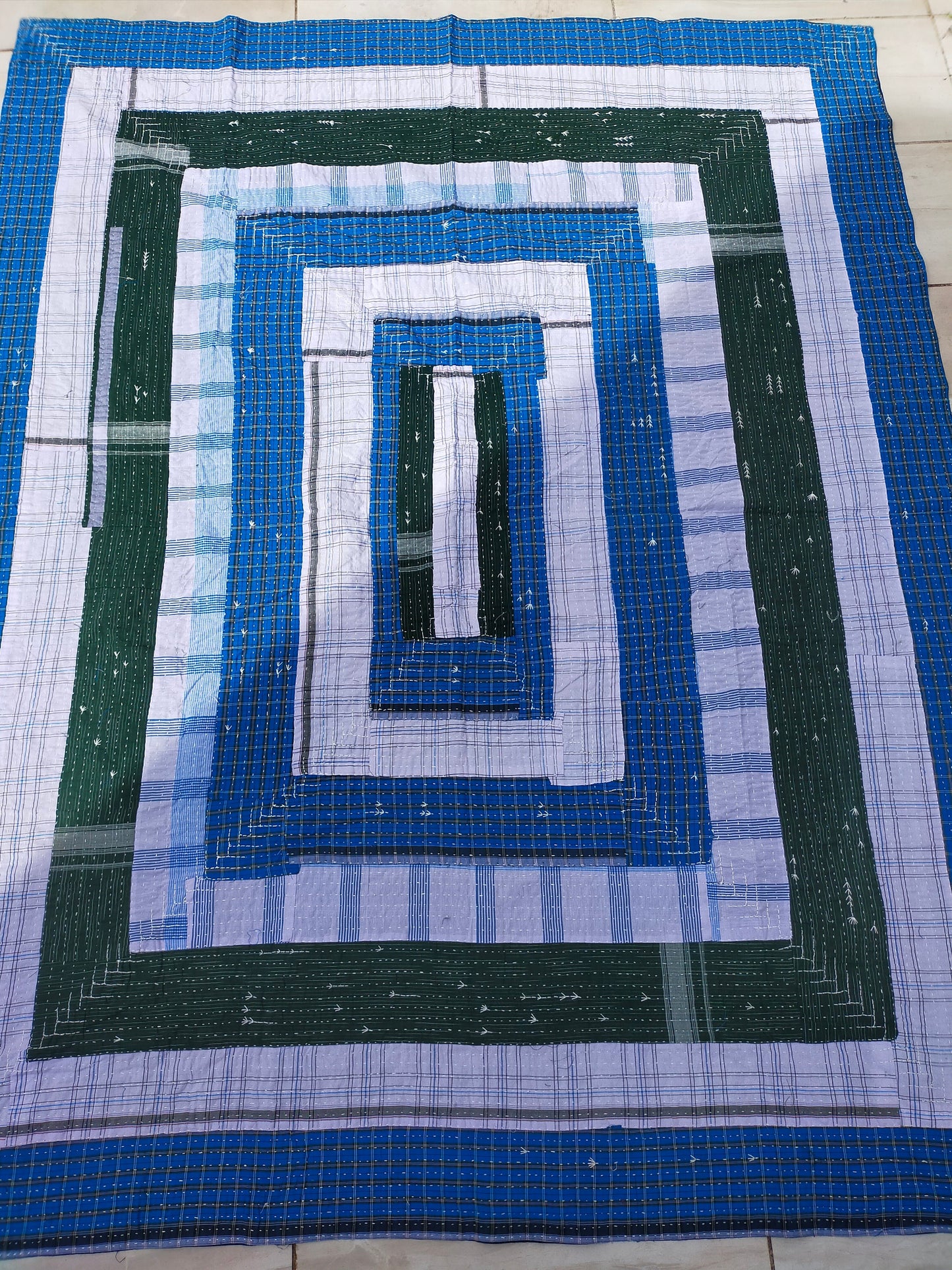 Indigo And Green Stripe and Checked Upcycled Cotton Kantha Quilt Ethically Made In India