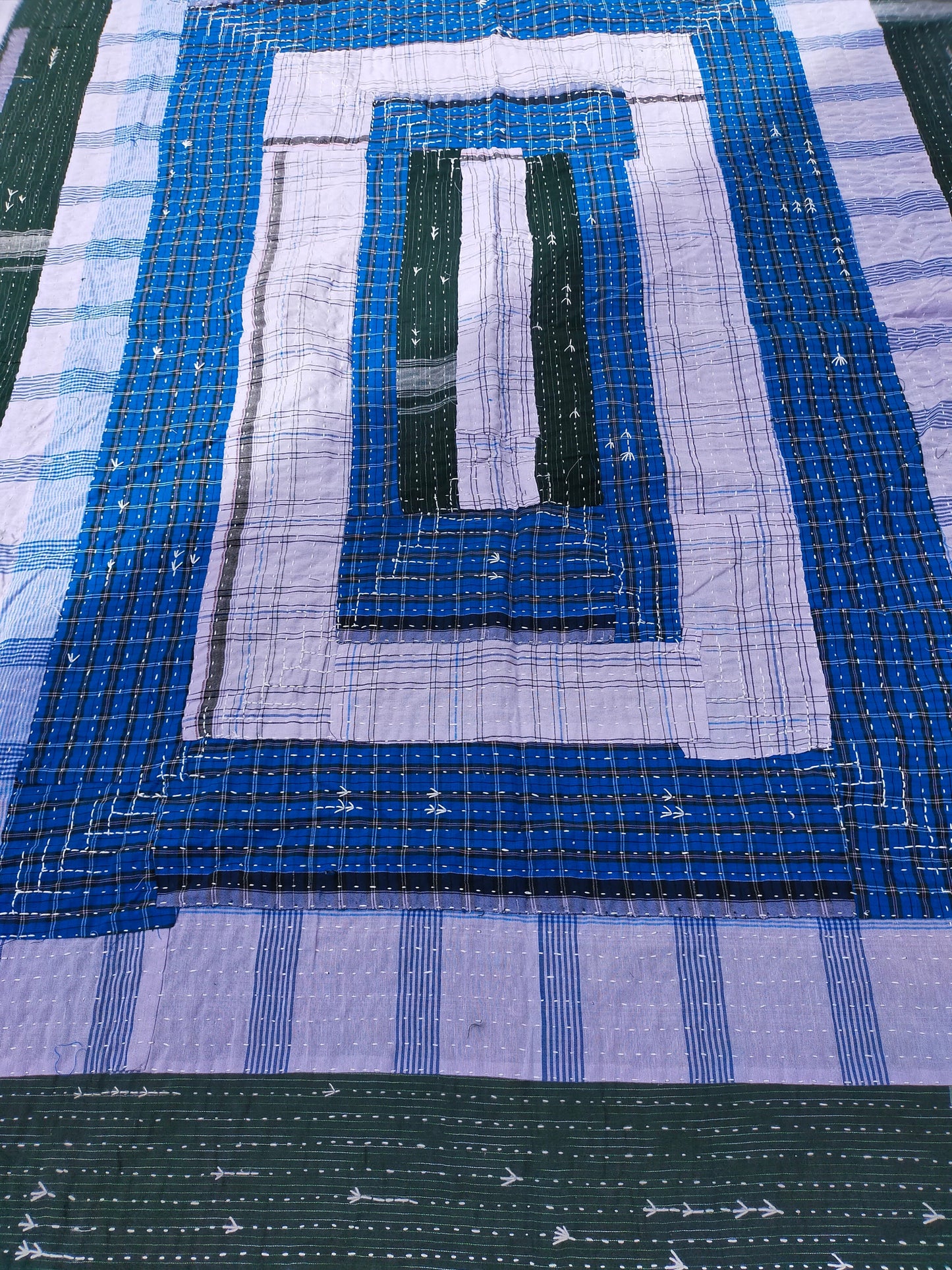 Indigo And Green Stripe and Checked Upcycled Cotton Kantha Quilt Ethically Made In India