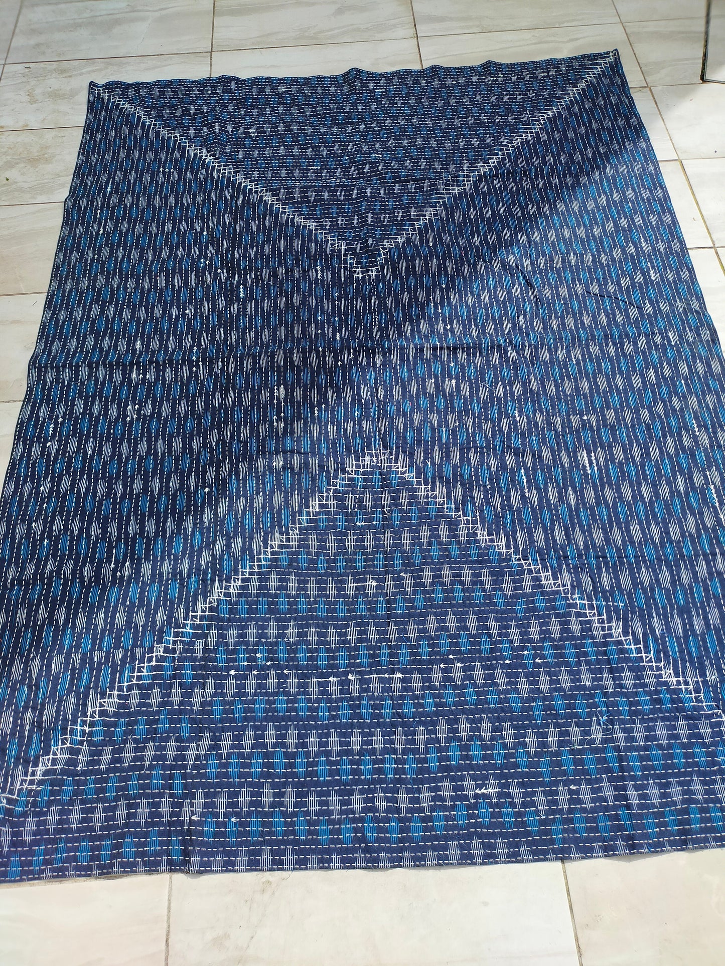 Indigo And Green Stripe and Checked Upcycled Cotton Kantha Quilt Ethically Made In India