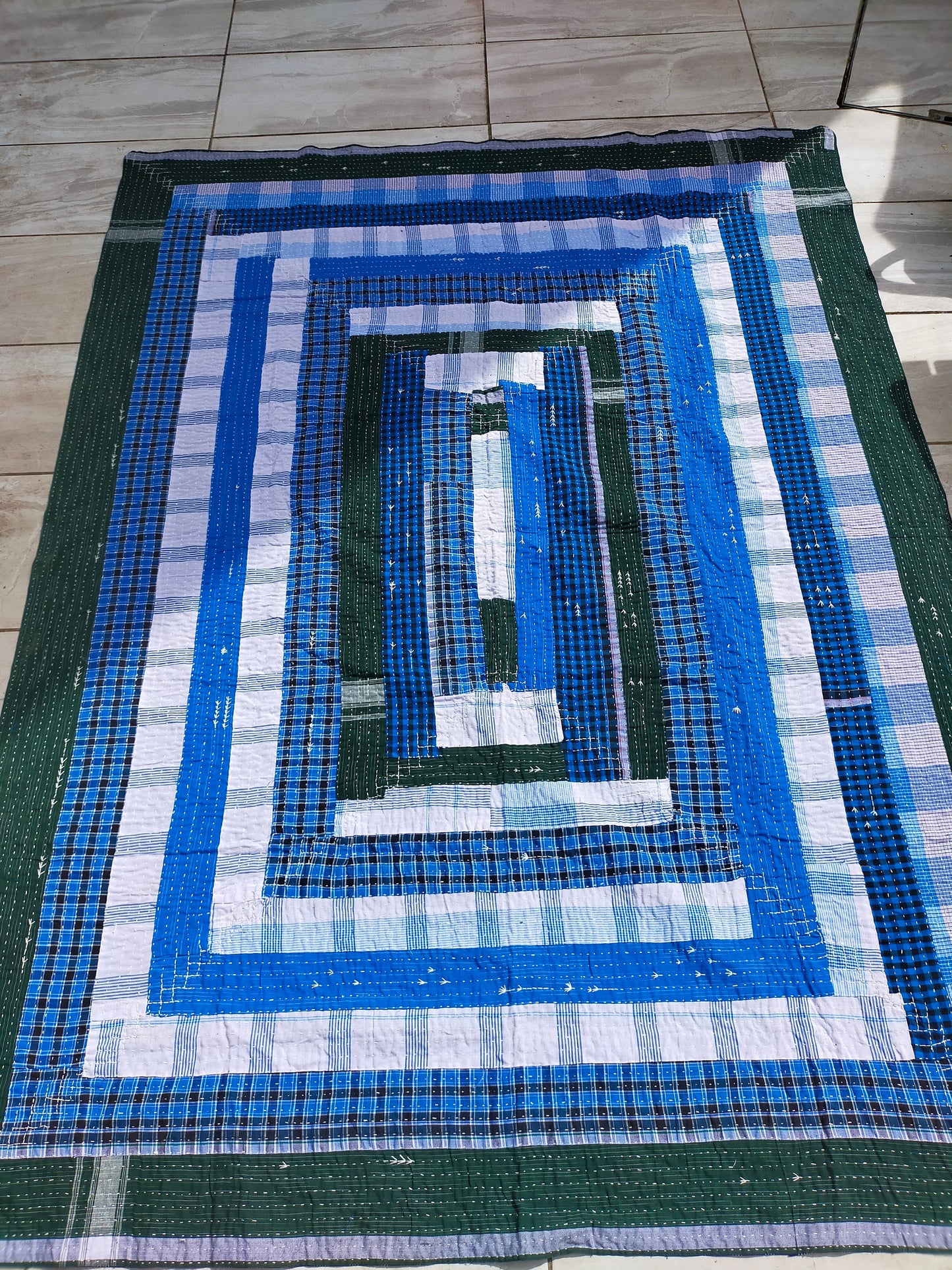 Indigo And Green Upcycled Cotton Kantha Quilt From India With Ikat Back - Hand Stitched In India