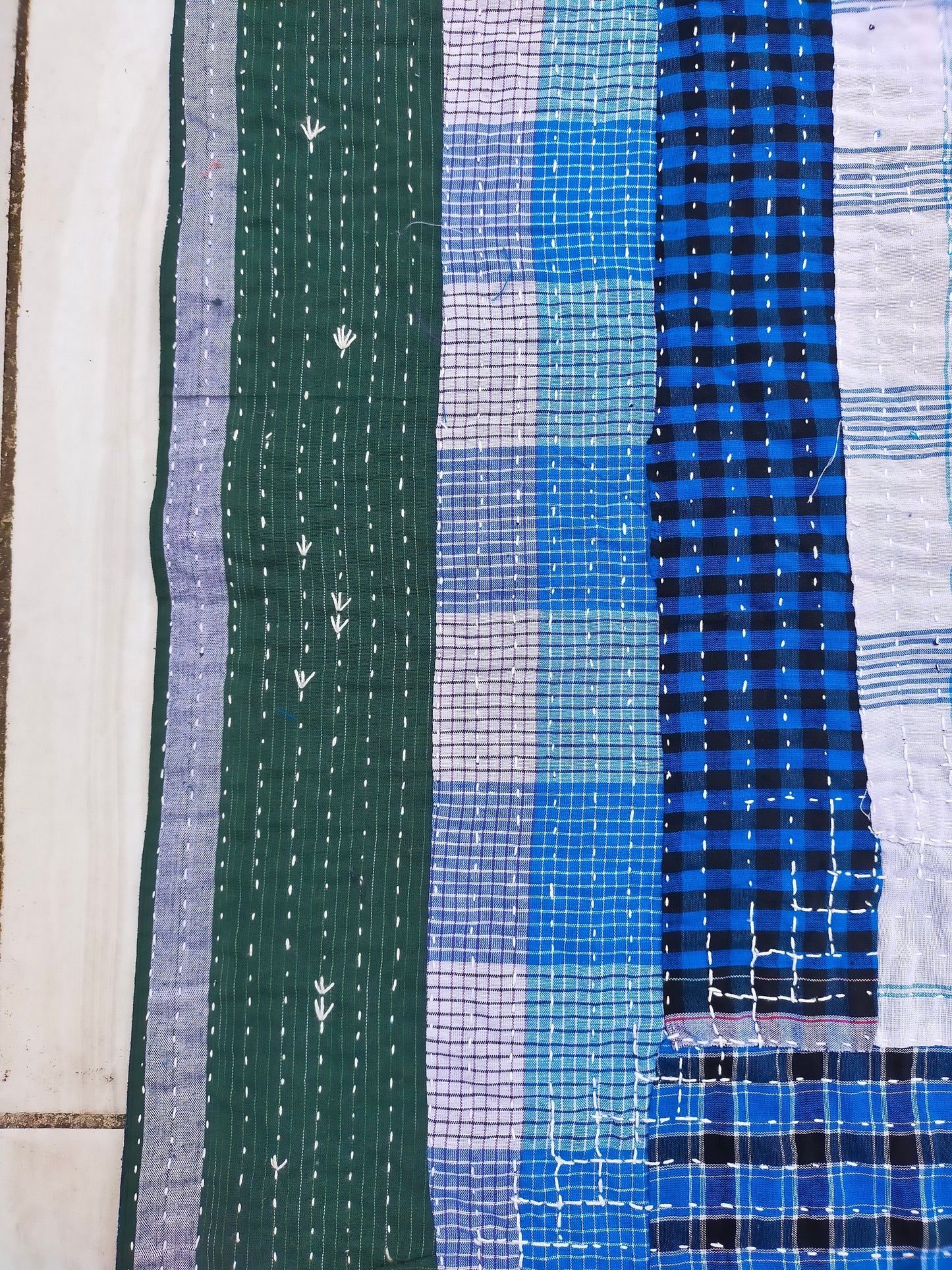 Indigo And Green Upcycled Cotton Kantha Quilt From India With Ikat Back - Hand Stitched In India
