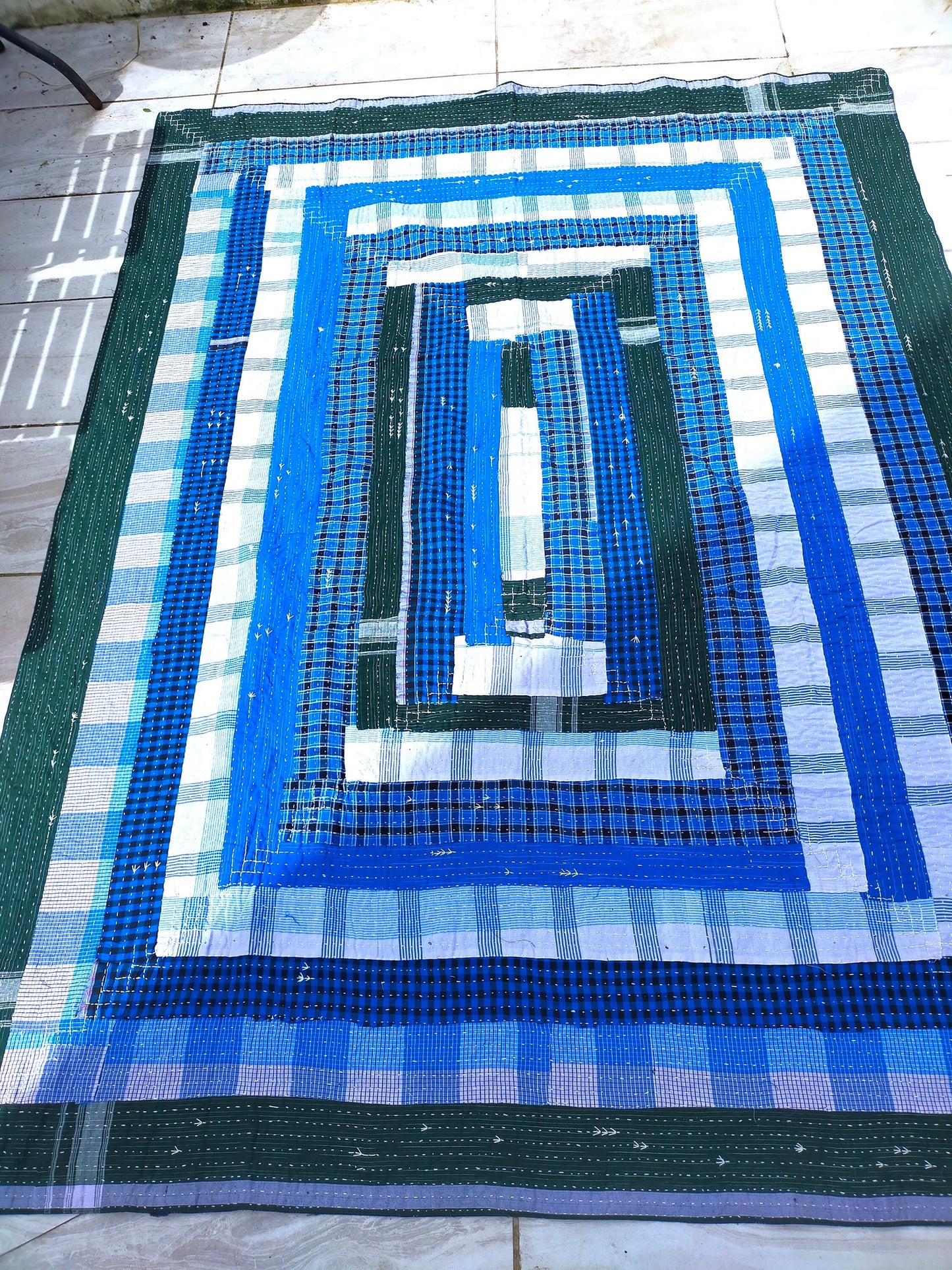 Indigo And Green Upcycled Cotton Kantha Quilt From India With Ikat Back - Hand Stitched In India