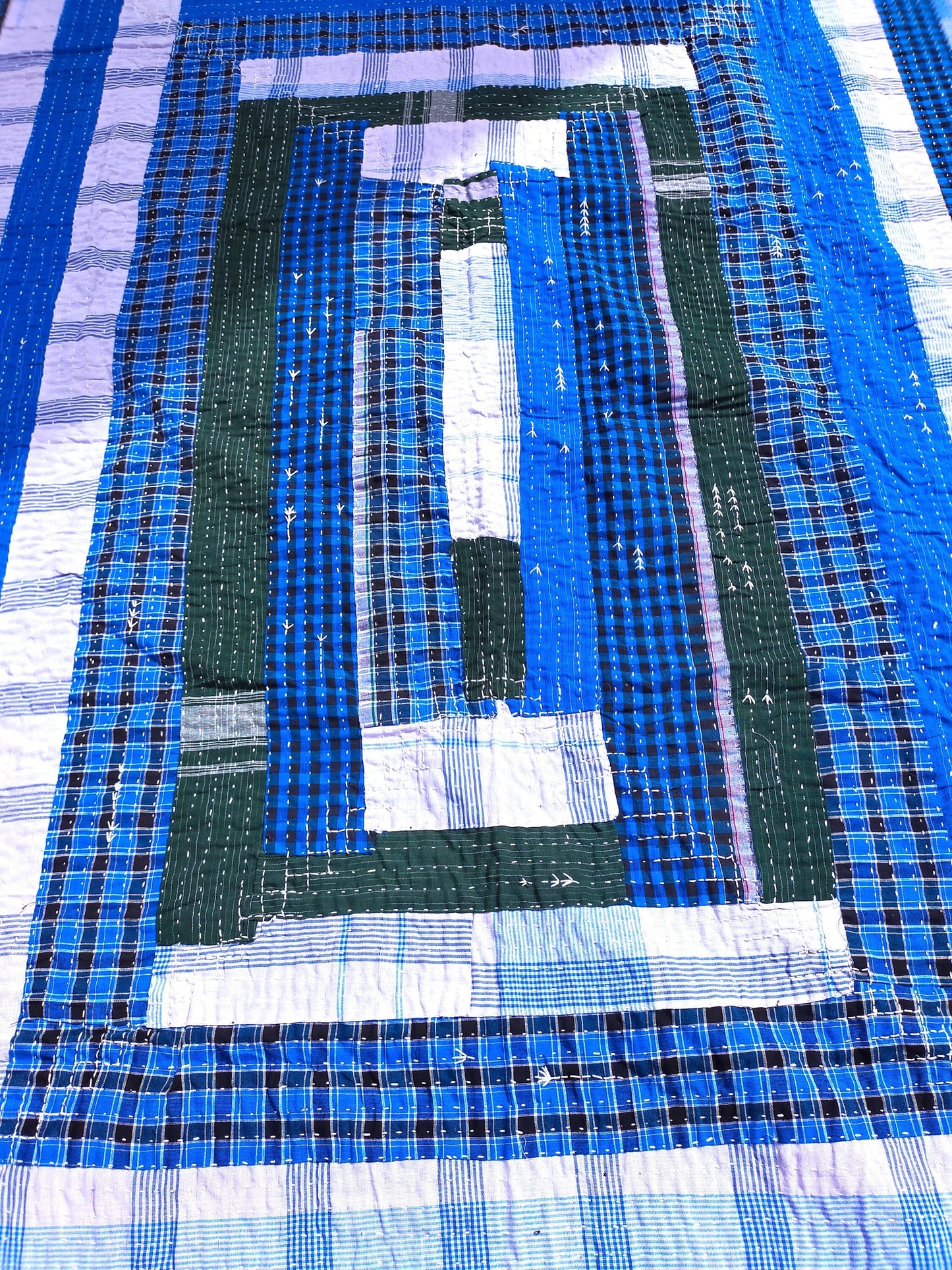 Indigo And Green Upcycled Cotton Kantha Quilt From India With Ikat Back - Hand Stitched In India
