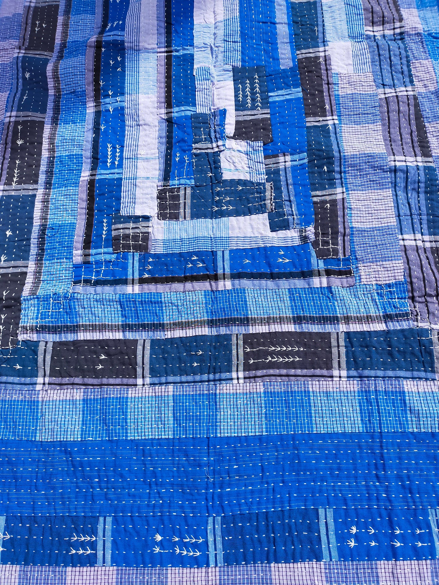 Hand-Stitched Indigo Stripe and Checked Recycled Cotton Lungi Kantha Quilt From India - Blue -