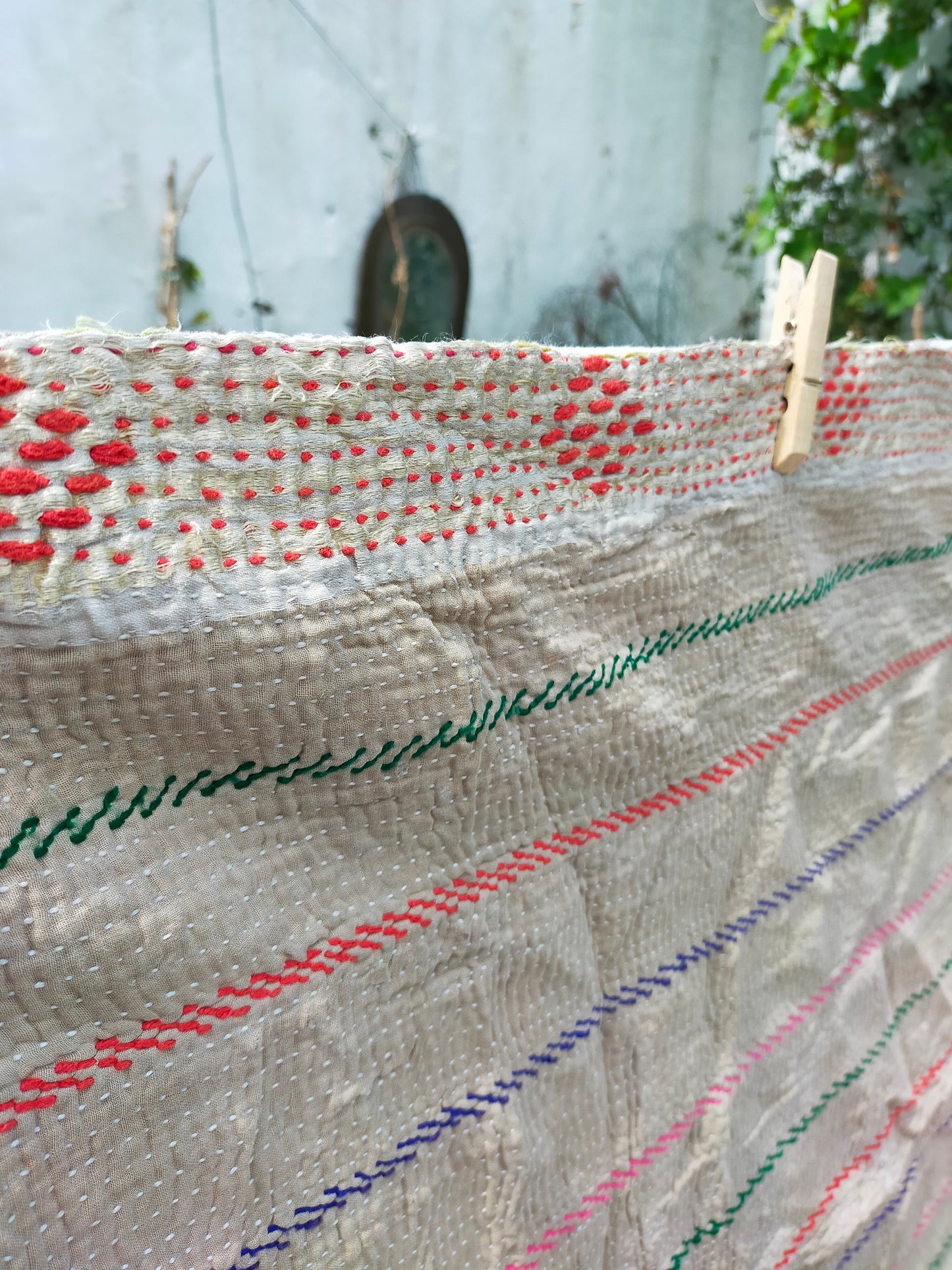 Vintage Hand-Stitched Kantha Quilt Made From Recycled Cotton Saris