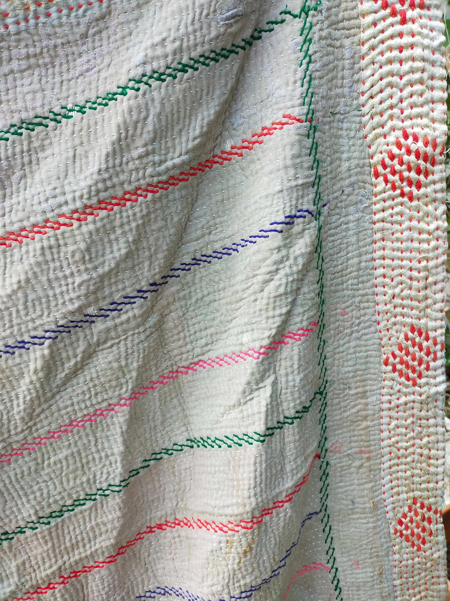 Vintage Hand-Stitched Kantha Quilt Made From Recycled Cotton Saris