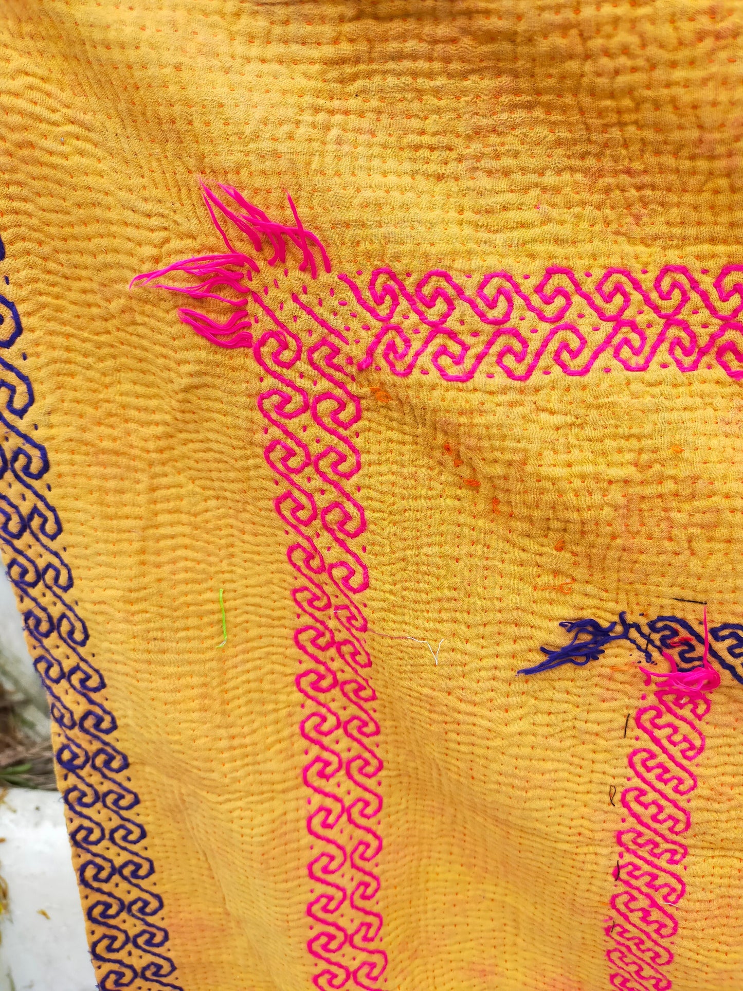 Vintage Hand Stitched Orange Kantha Blanket From India - Bright Quilt