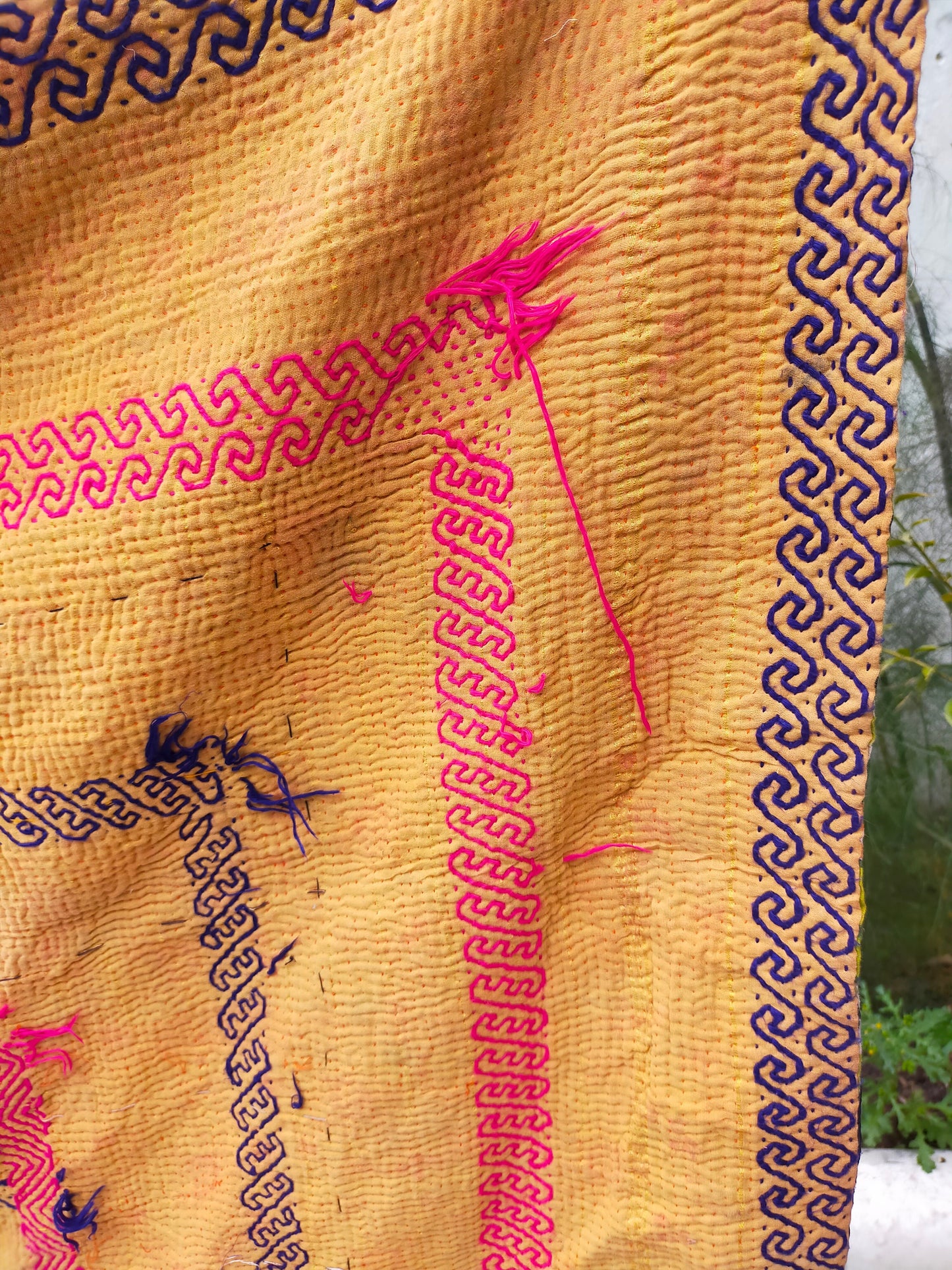 Vintage Hand Stitched Orange Kantha Blanket From India - Bright Quilt