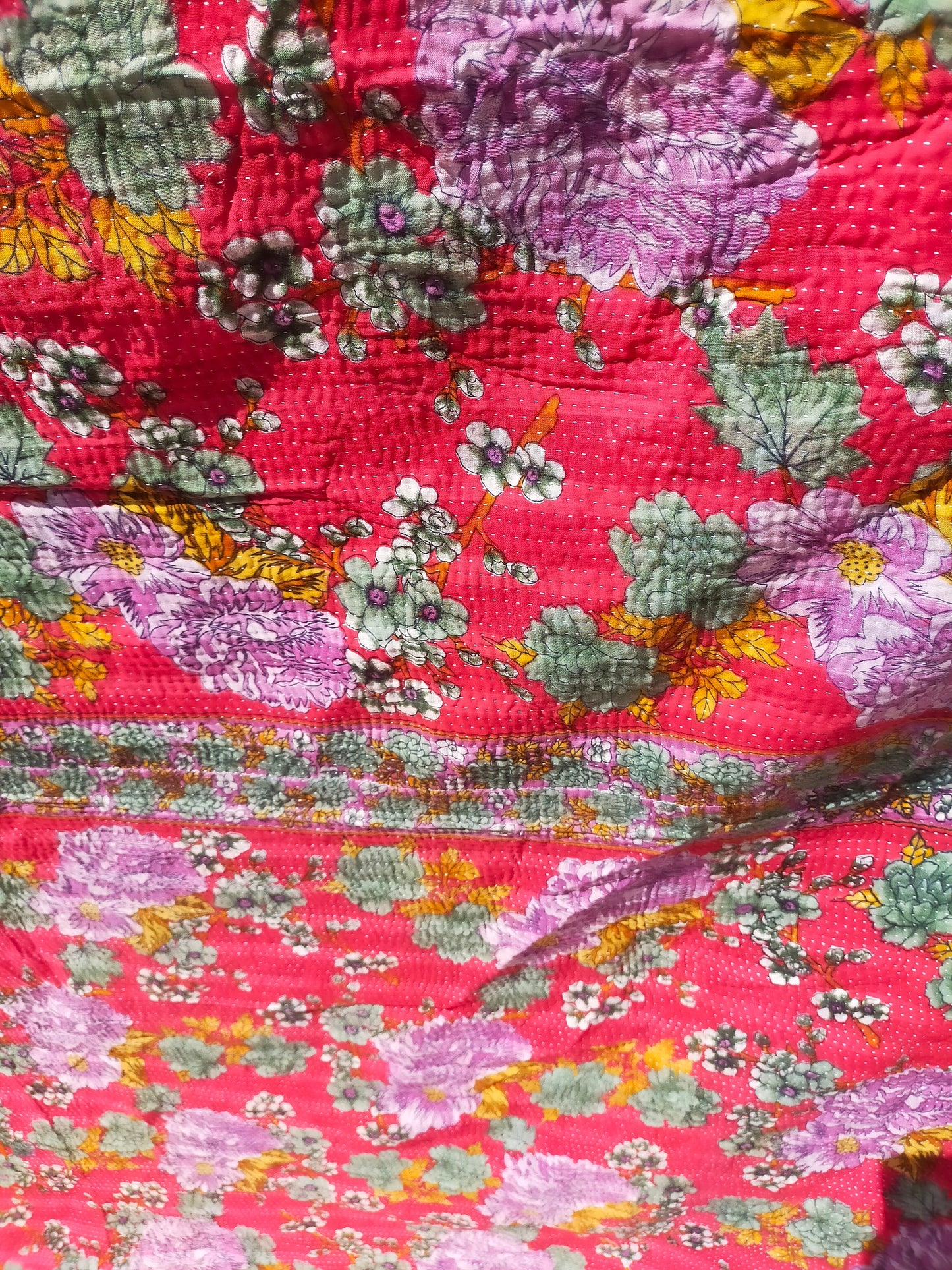 Vintage Hand-Stitched Patchwork Kantha Blanket Quilt Made From Recycled Cotton Saris In India