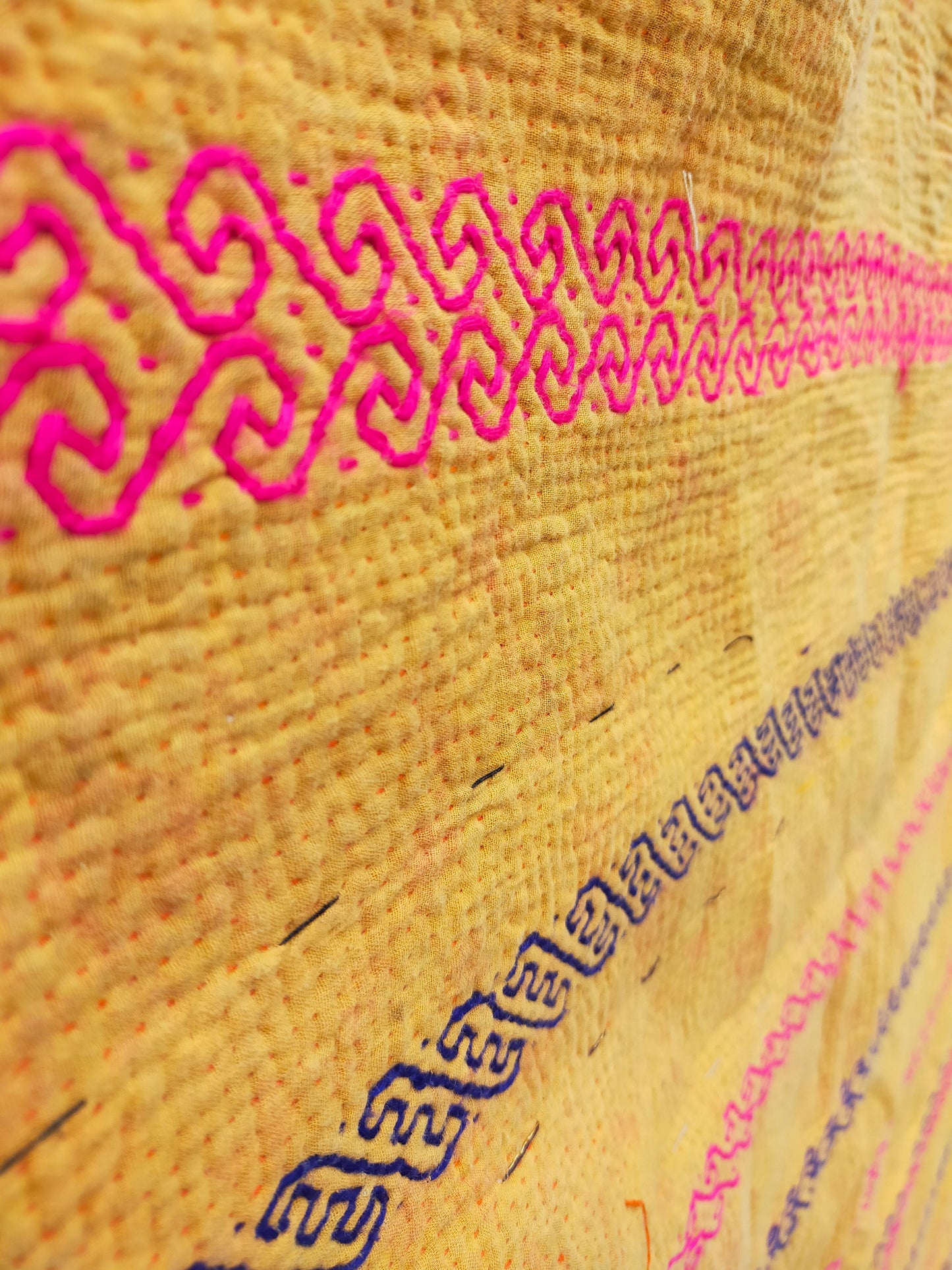 Vintage Hand Stitched Orange Kantha Blanket From India - Bright Quilt