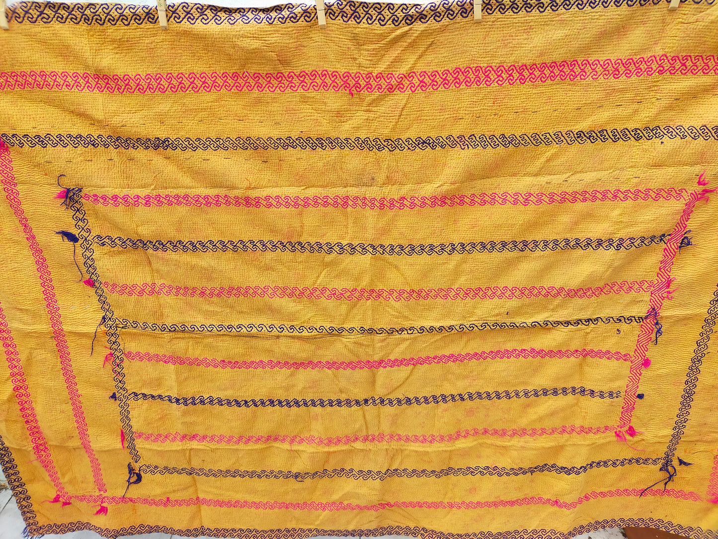 Vintage Hand Stitched Orange Kantha Blanket From India - Bright Quilt