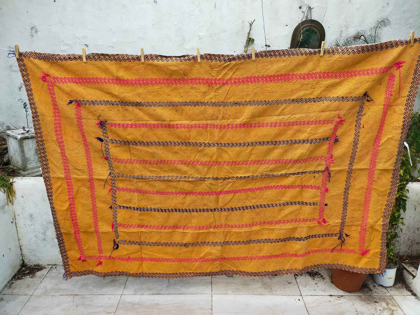 Vintage Hand Stitched Orange Kantha Blanket From India - Bright Quilt