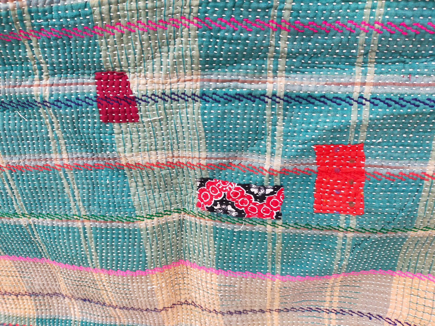 Vintage Hand Stitched Kantha Blanket From India - Quilt Made From Recycled Sari