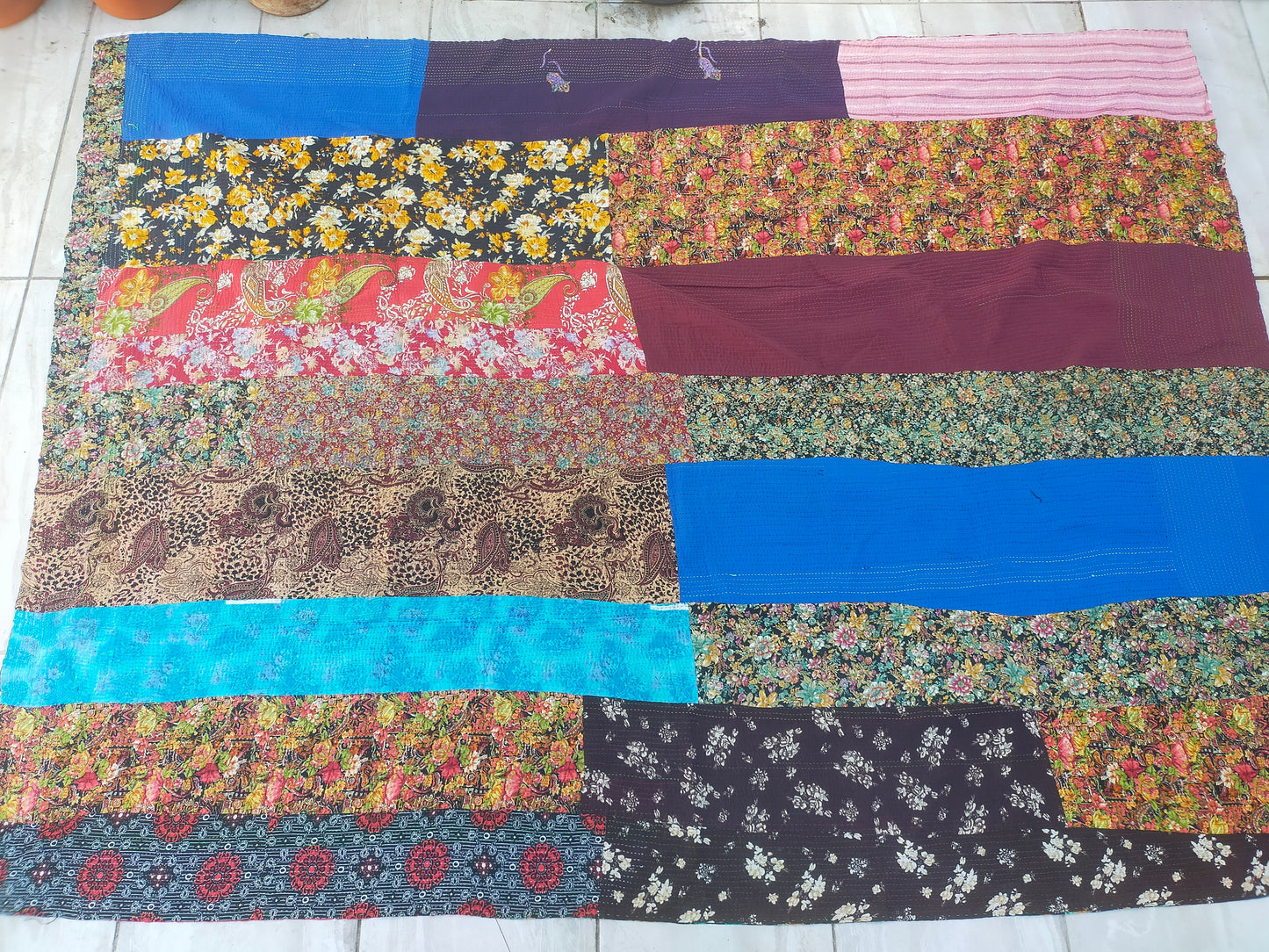 Vintage Hand Stitched Kantha Blanket From India - Made From Recycled Sari
