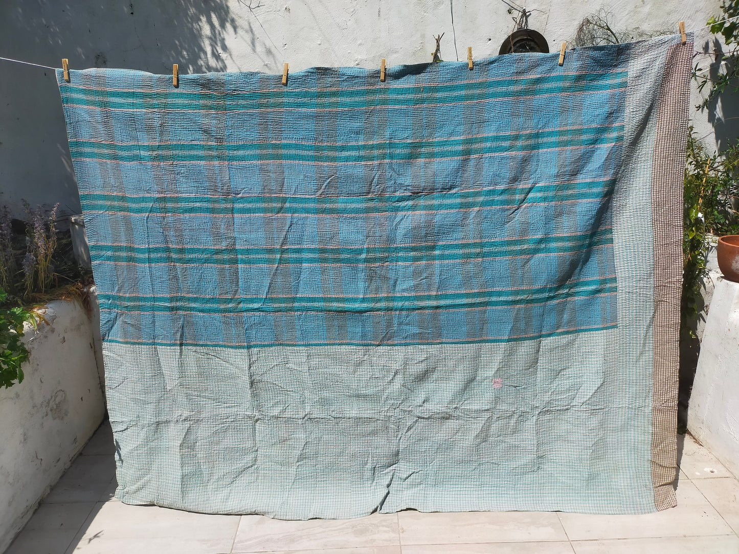 Vintage Patchwork Kantha Blanket/Throw From India Made From Recycled Cotton Saris Hand-Stitched Together.