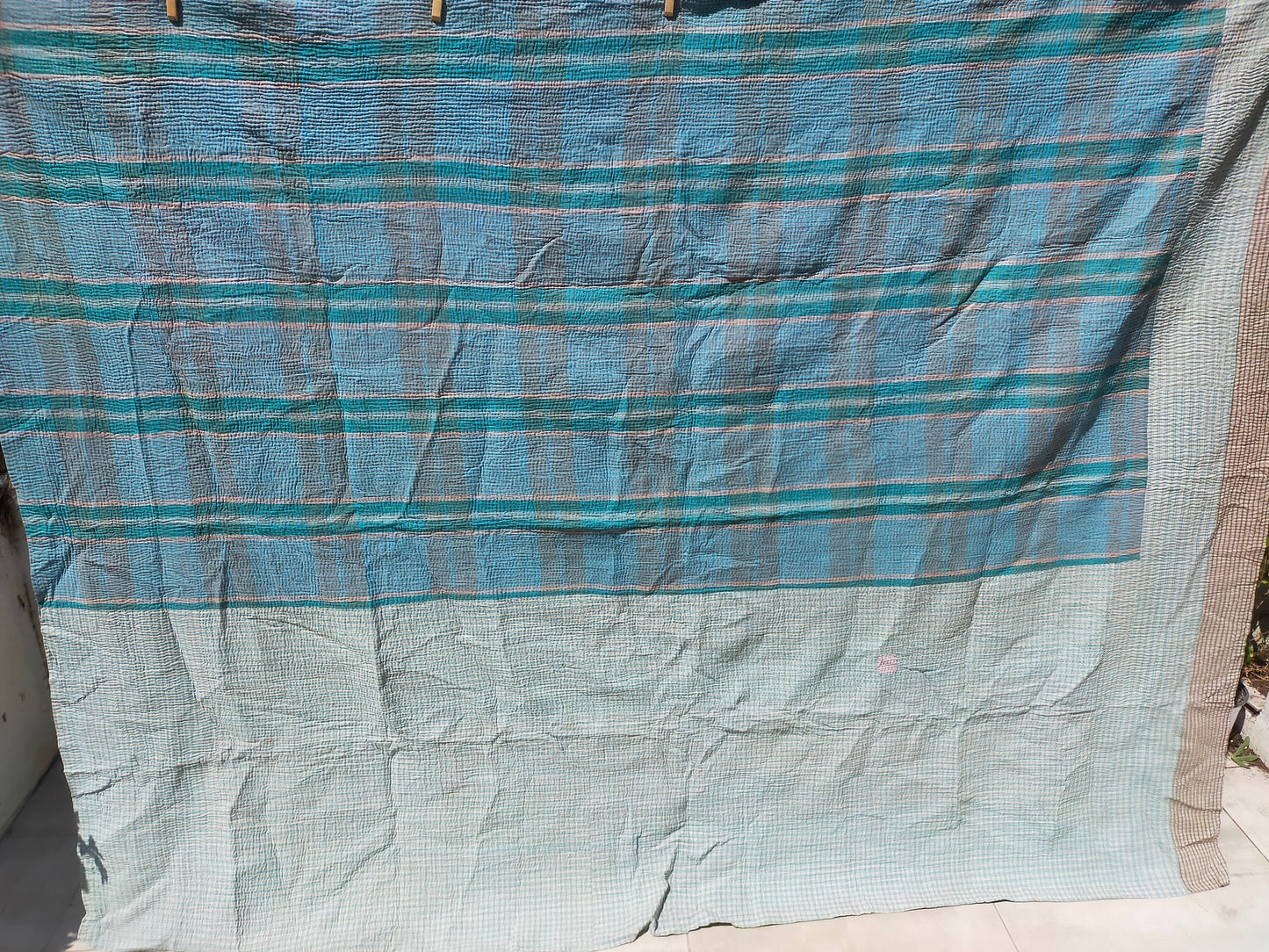 Vintage Patchwork Kantha Blanket/Throw From India Made From Recycled Cotton Saris Hand-Stitched Together.