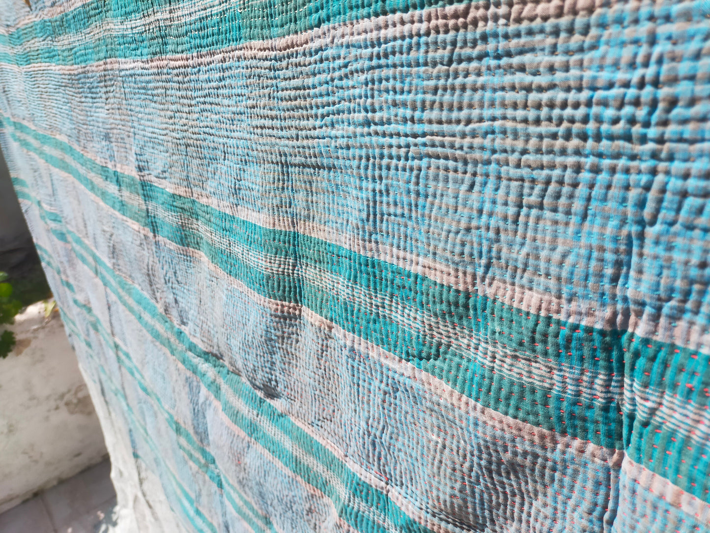Vintage Patchwork Kantha Blanket/Throw From India Made From Recycled Cotton Saris Hand-Stitched Together.