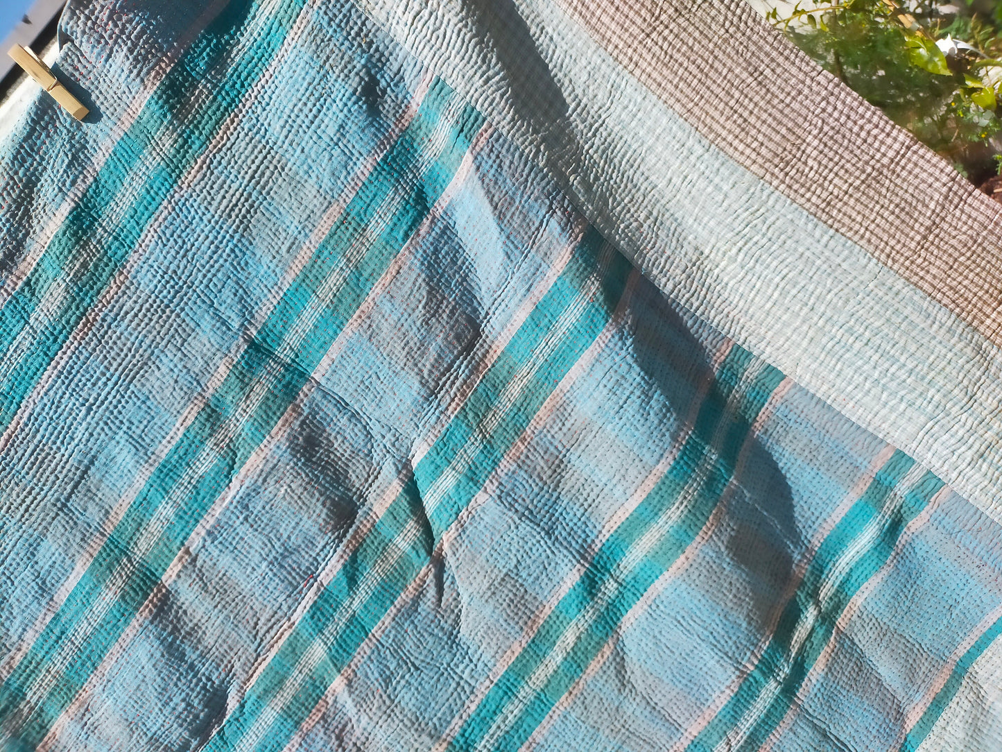 Vintage Patchwork Kantha Blanket/Throw From India Made From Recycled Cotton Saris Hand-Stitched Together.