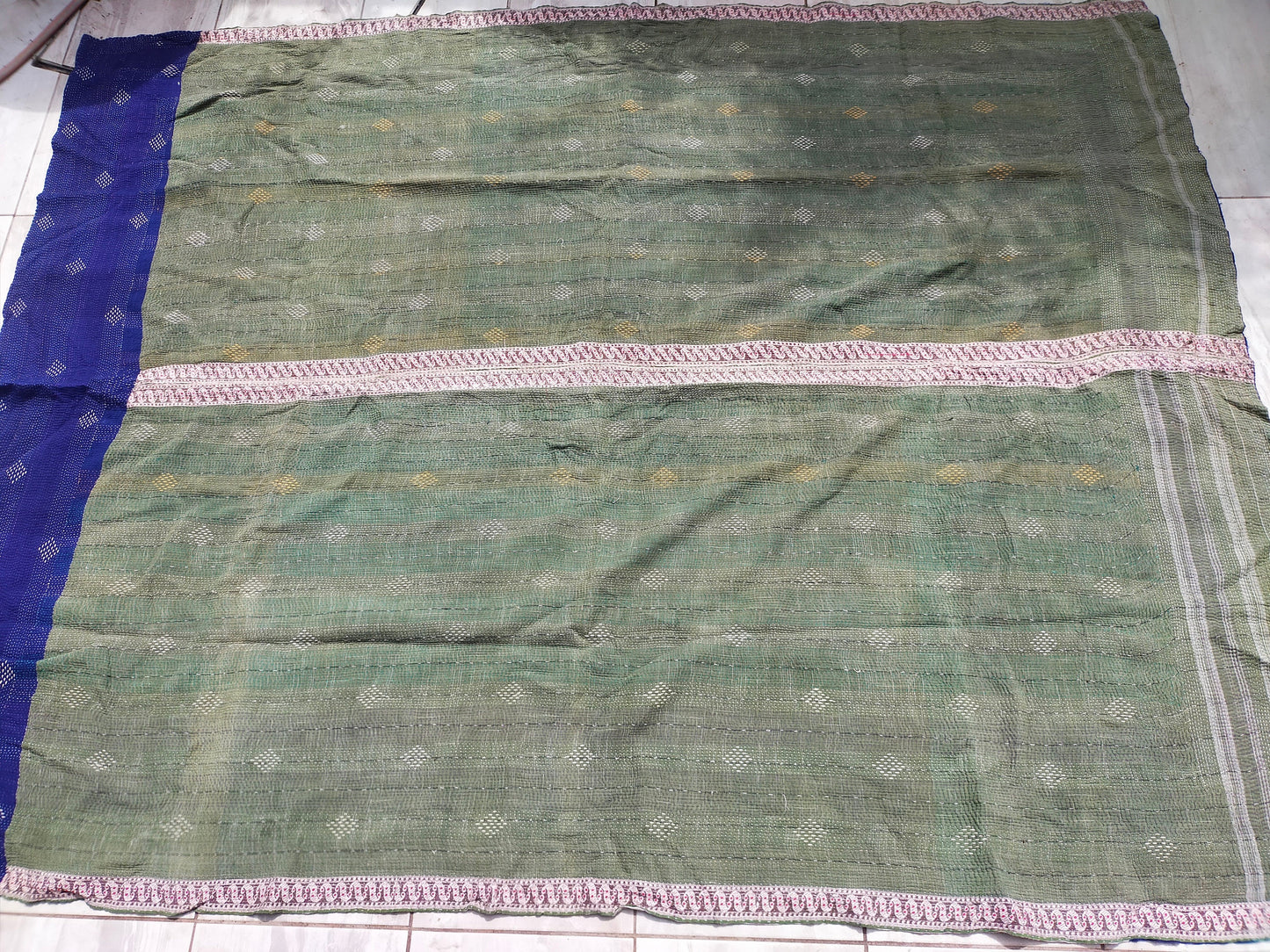 Vintage Patchwork Kantha Blanket Quilt From West Bengal, India Made From Recycled Cotton Saris Hand-Stitched Together.