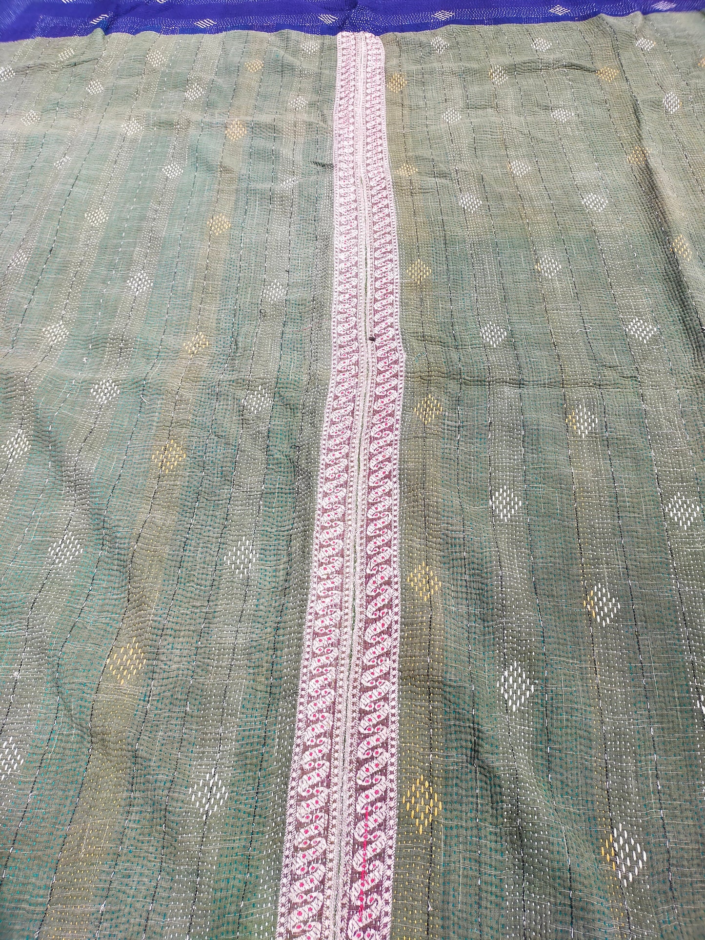 Vintage Patchwork Kantha Blanket Quilt From West Bengal, India Made From Recycled Cotton Saris Hand-Stitched Together.